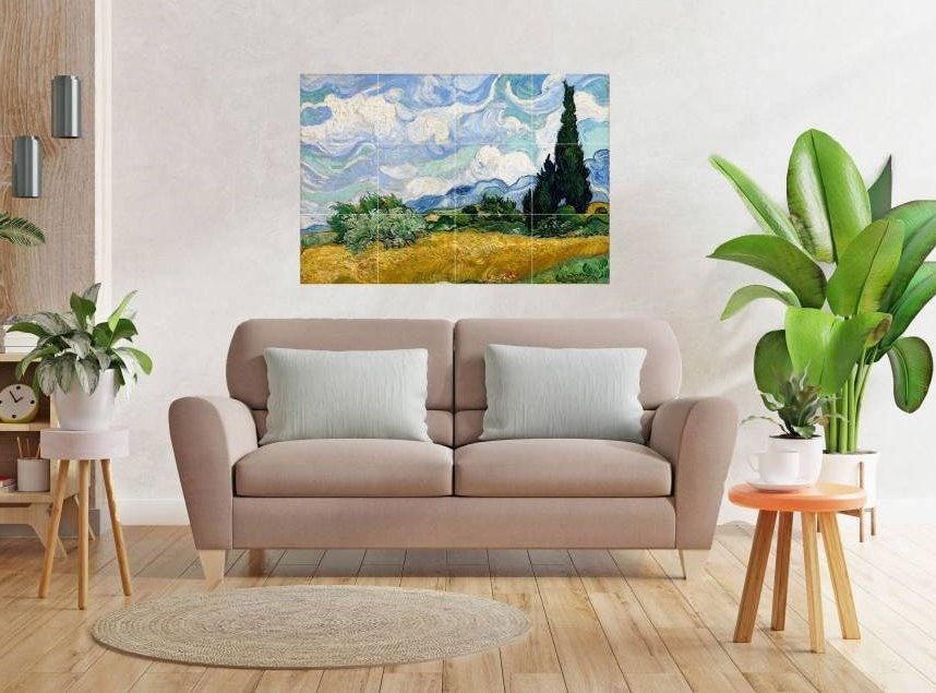 Tile Mural/Mosaic Ceramic Panel of Van Gogh Wheat Field with Cypresses - Van Gogh wall print - Tile Mural - Gloss Tiles - Tile Mosaic