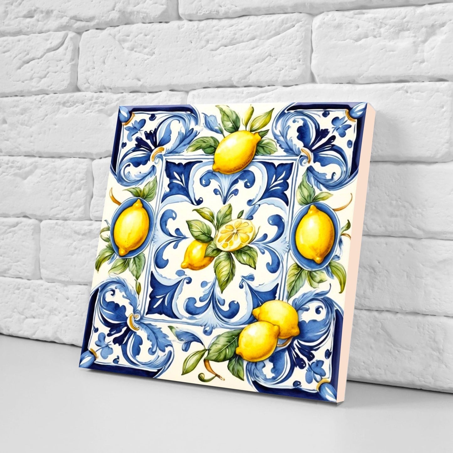 Italian Majolica Lemon Tiles - Set of 2 Italian Wall Decor Tiles - Kitchen Backsplash Tiles, Table Decorative Tiles, Bathroom Tiles, Coaster