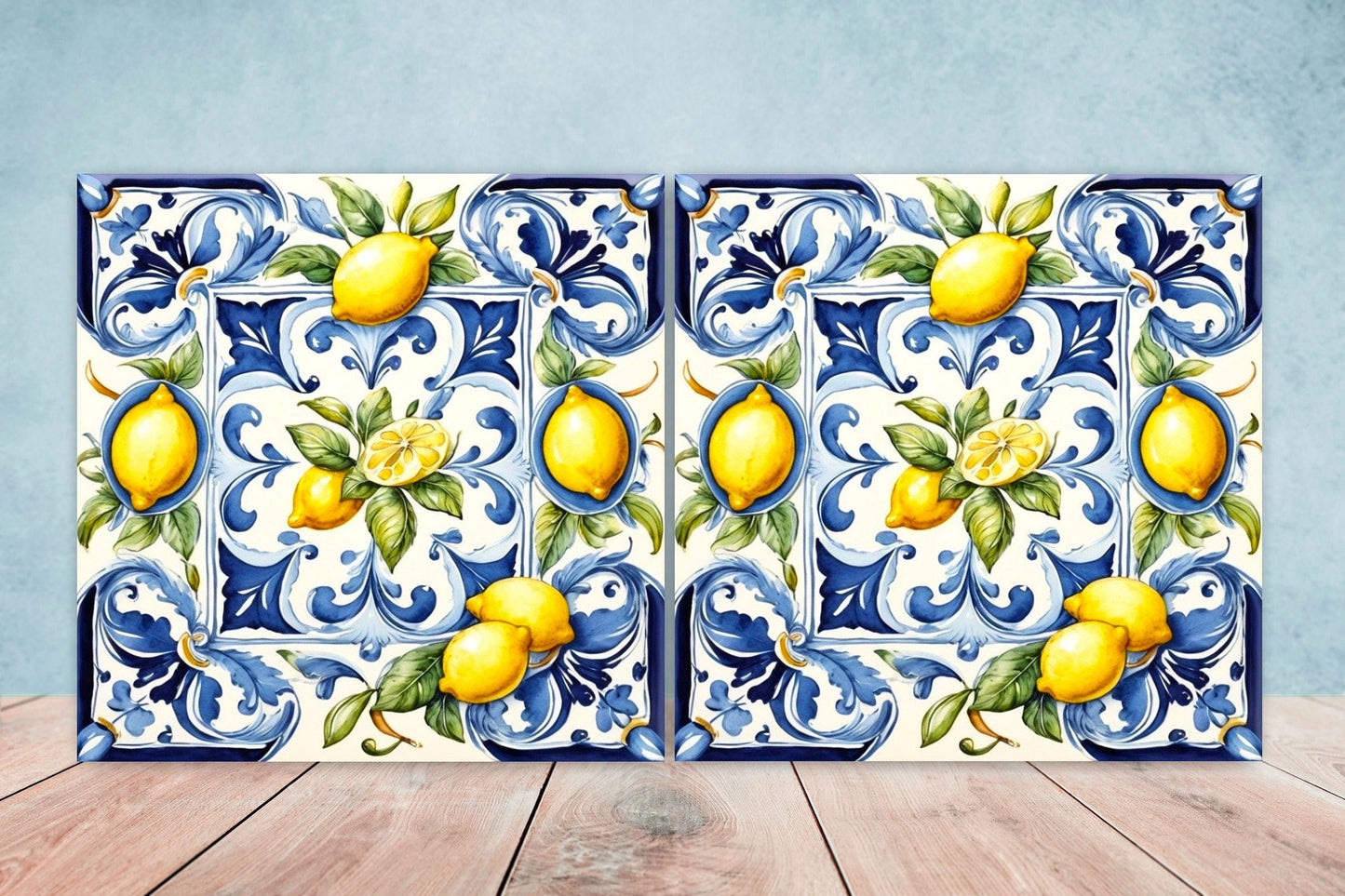 Italian Majolica Lemon Tiles - Set of 2 Italian Wall Decor Tiles - Kitchen Backsplash Tiles, Table Decorative Tiles, Bathroom Tiles, Coaster