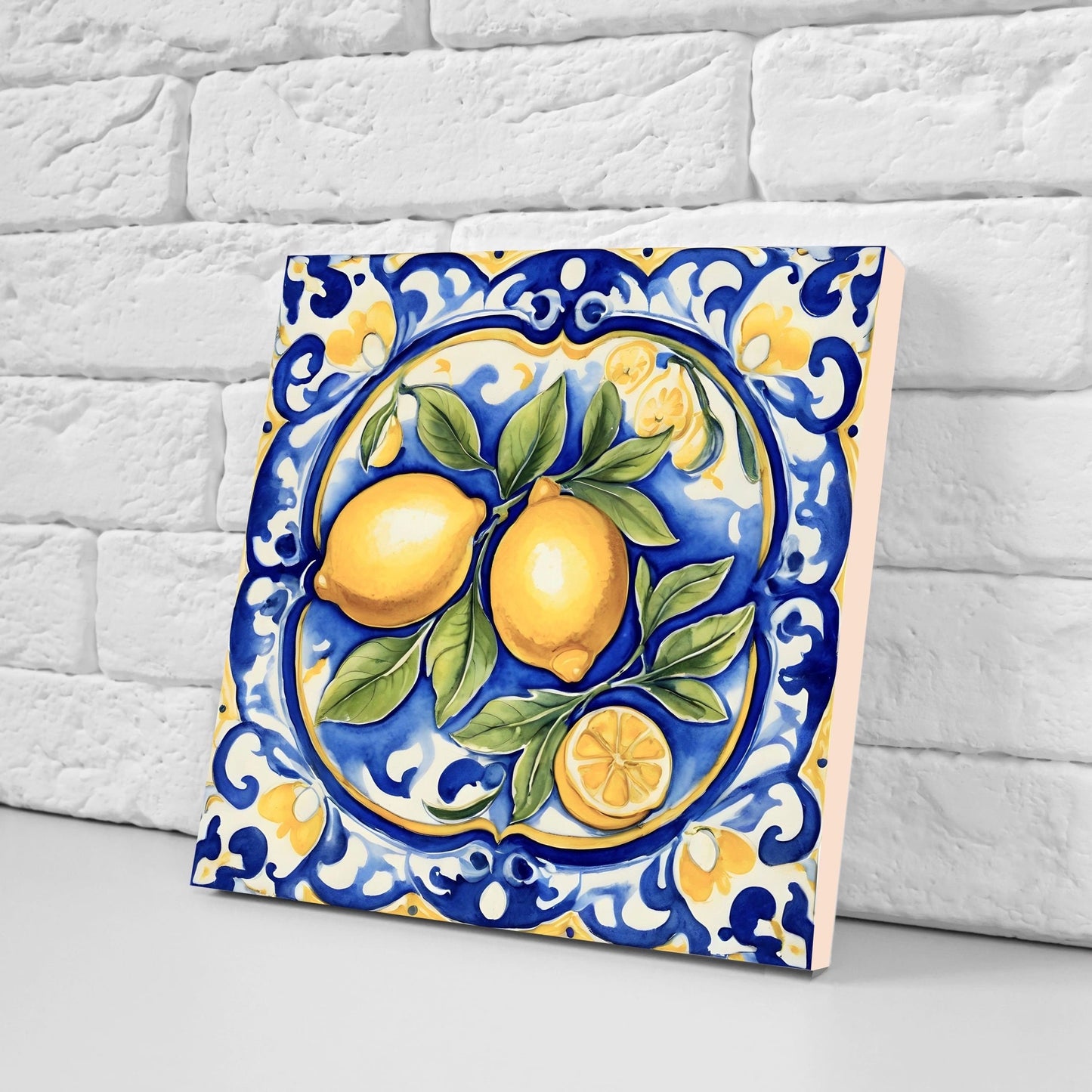 Italian Majolica Lemon Tiles - Set of 2 Italian Wall Decor Tiles - Kitchen Backsplash Tiles, Table Decorative Tiles, Bathroom Tiles, Coaster