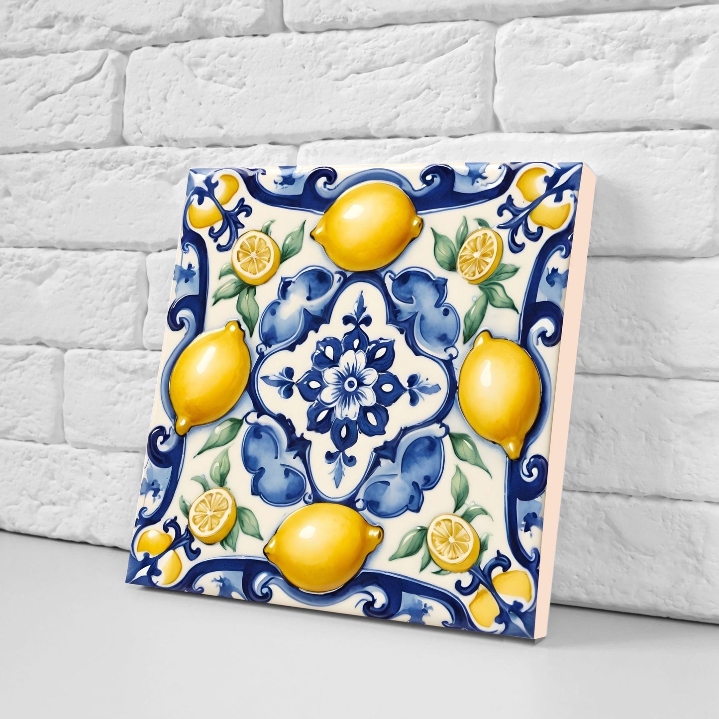 Italian Majolica Lemon Tiles - Set of 2 Italian Wall Decor Tiles - Kitchen Backsplash Tiles, Table Decorative Tiles, Bathroom Tiles, Coaster