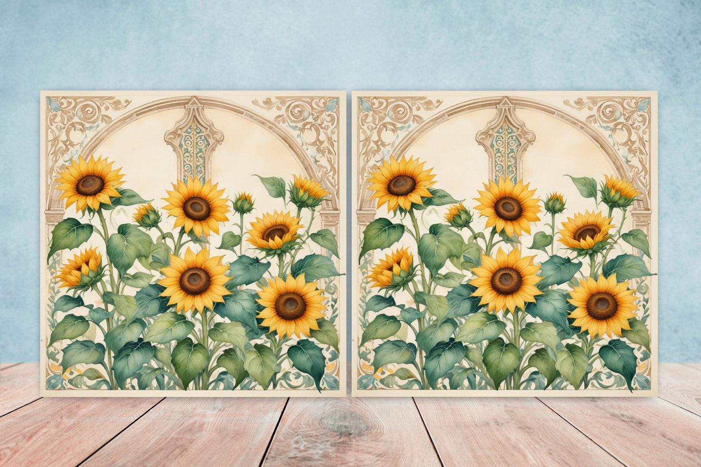 Art Nouveau Flower Ceramic Tiles - Set of 2 Art Nouveau Wall Decor Tiles - Kitchen Backsplash Tiles, Table Decorative Tiles, Bathroom Tiles