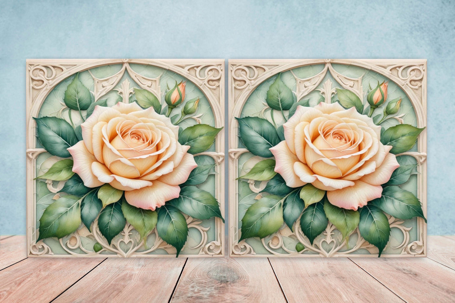 Art Nouveau Flower Ceramic tiles - Set of 2 Art Nouveau Wall Decor Tiles - Kitchen Backsplash Tiles, Table Decorative Tiles, Bathroom Tiles