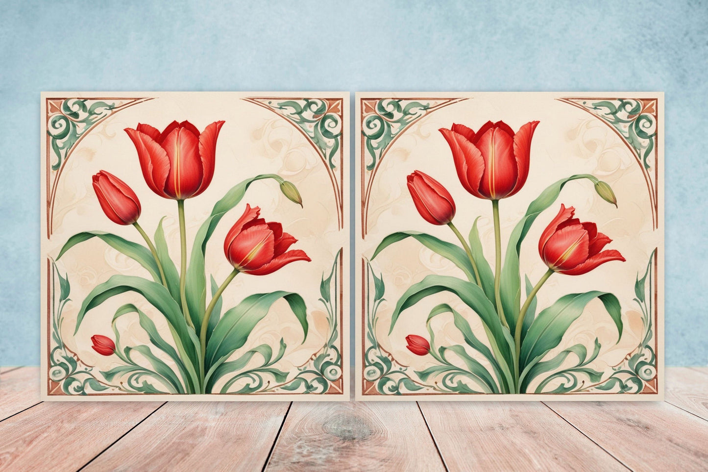 Art Nouveau Flower Ceramic Tiles - Set of 2 Art Nouveau Wall Decor Tiles - Kitchen Backsplash Tiles, Table Decorative Tiles, Bathroom Tiles