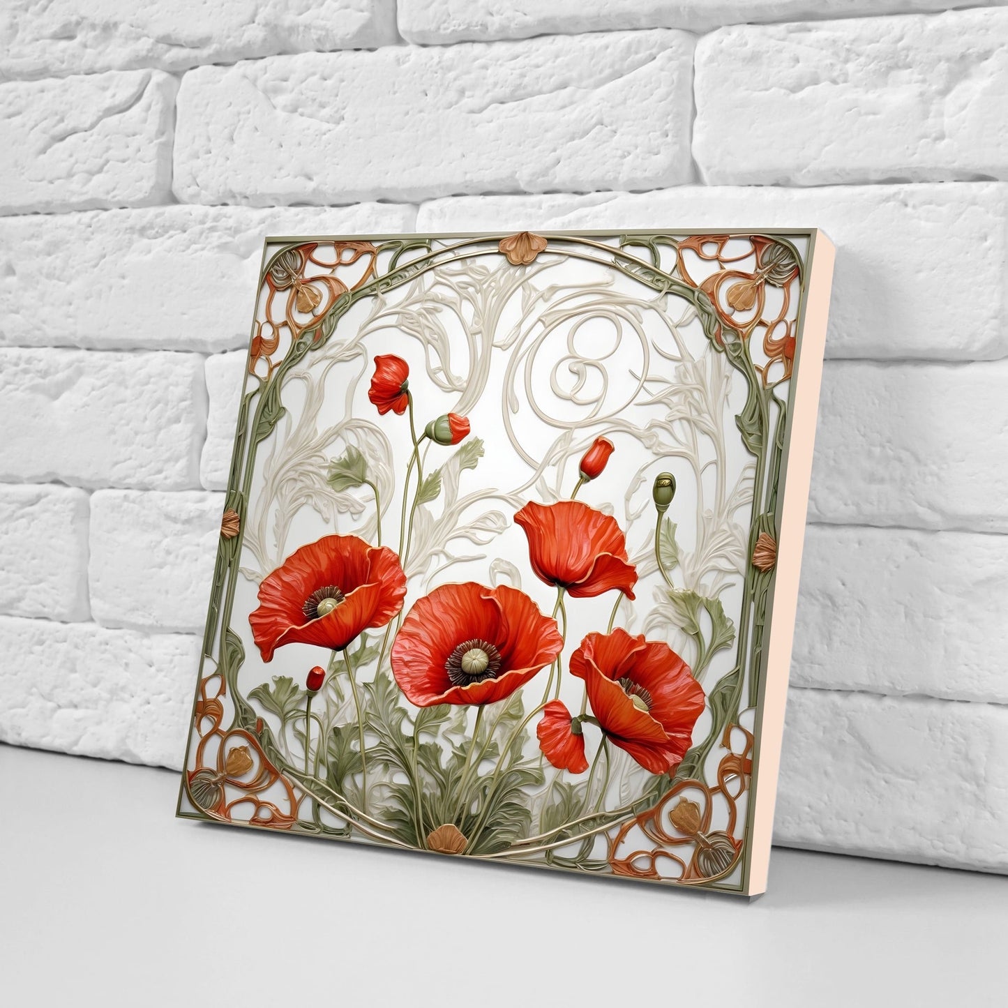 Art Nouveau Flower Poppy Ceramic Tiles -Set of 2 Art Nouveau Wall Decor Tiles-Kitchen Backsplash Tiles,Table Decorative Tiles,Bathroom Tiles