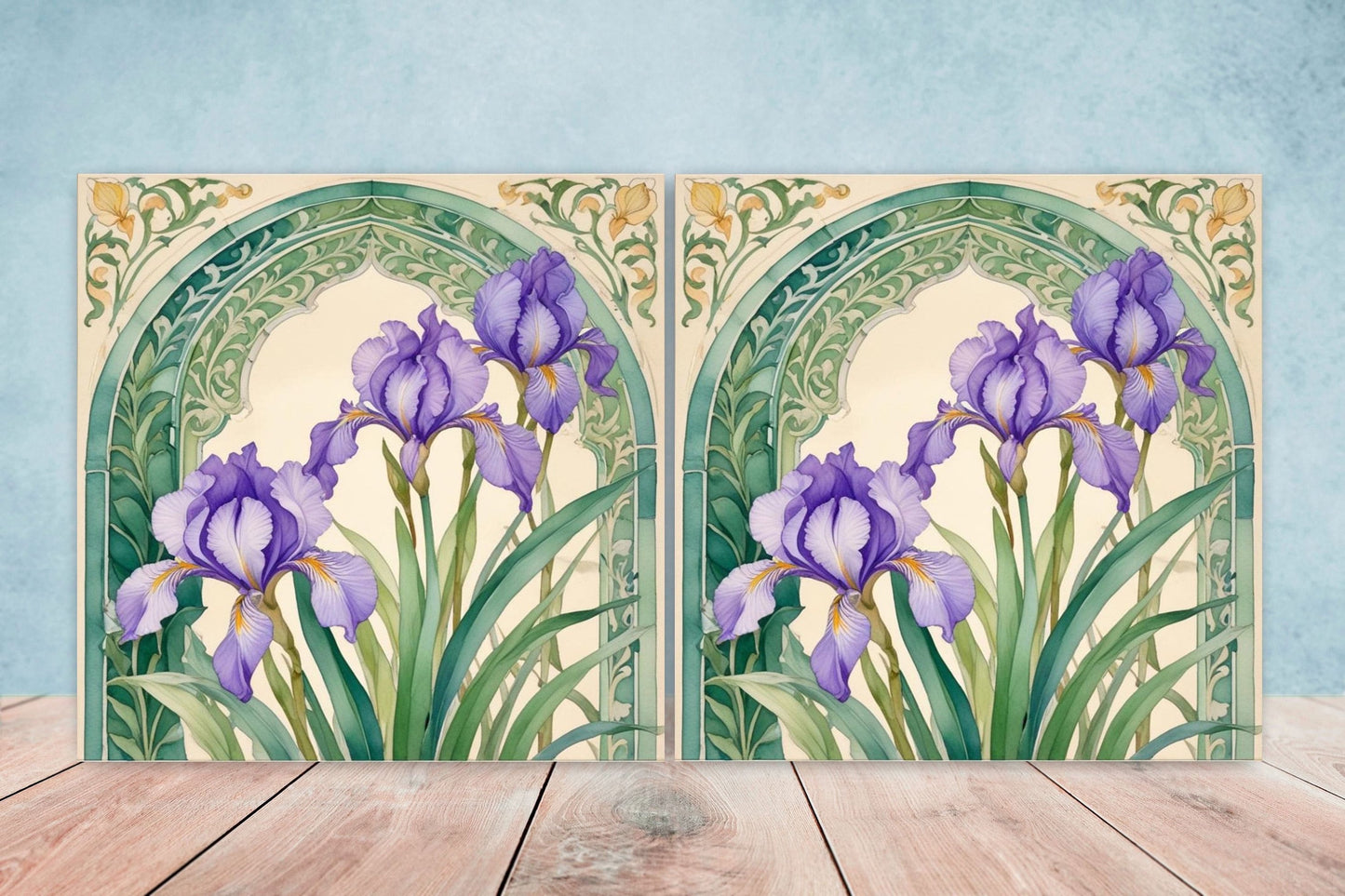 Art Nouveau Flower Ceramic Tiles - Set of 2 Art Nouveau Wall Decor Tiles - Kitchen Backsplash Tiles, Table Decorative Tiles, Bathroom Tiles