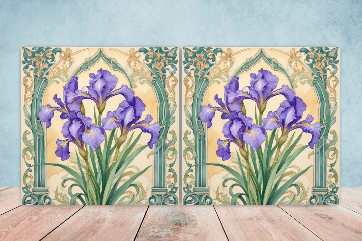 Art Nouveau Flower Ceramic Tiles - Set of 2 Art Nouveau Wall Decor Tiles - Kitchen Backsplash Tiles, Table Decorative Tiles, Bathroom Tiles
