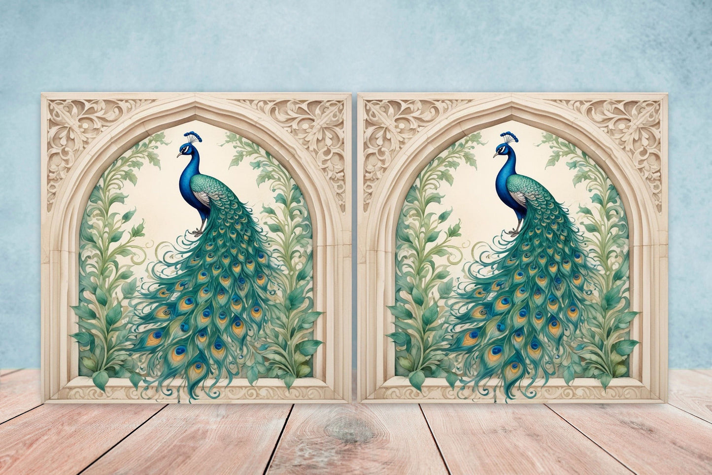Art Nouveau Peacock Ceramic tiles -Set of 2 Art Nouveau Bird Wall Decor Tiles - Peacock Print, Kitchen Backsplash Tiles, Bathroom Tiles