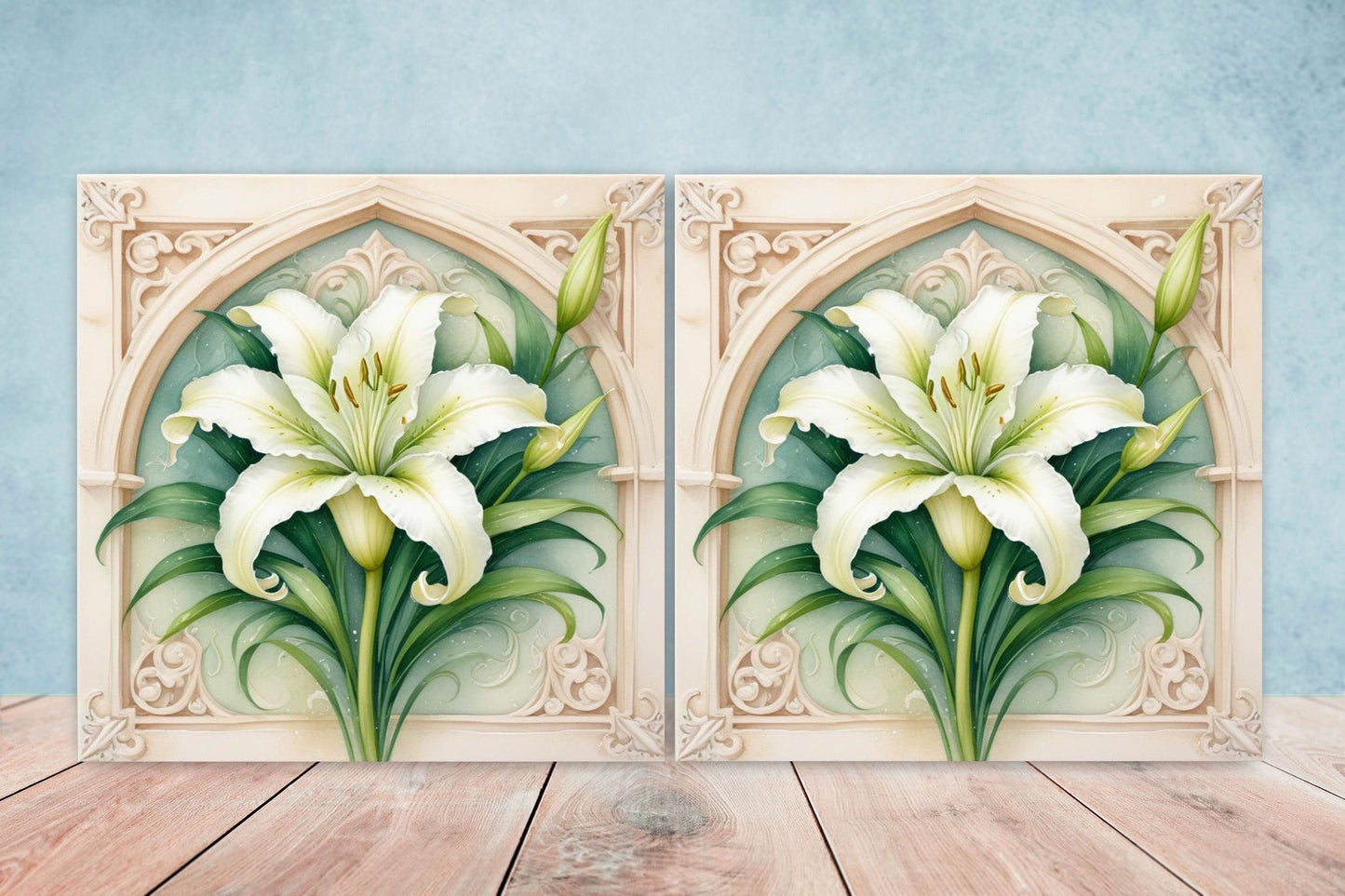 Art Nouveau Flower Ceramic tiles - Set of 2 Art Nouveau Wall Decor Tiles - Kitchen Backsplash Tiles, Table Decorative Tiles, Bathroom Tiles
