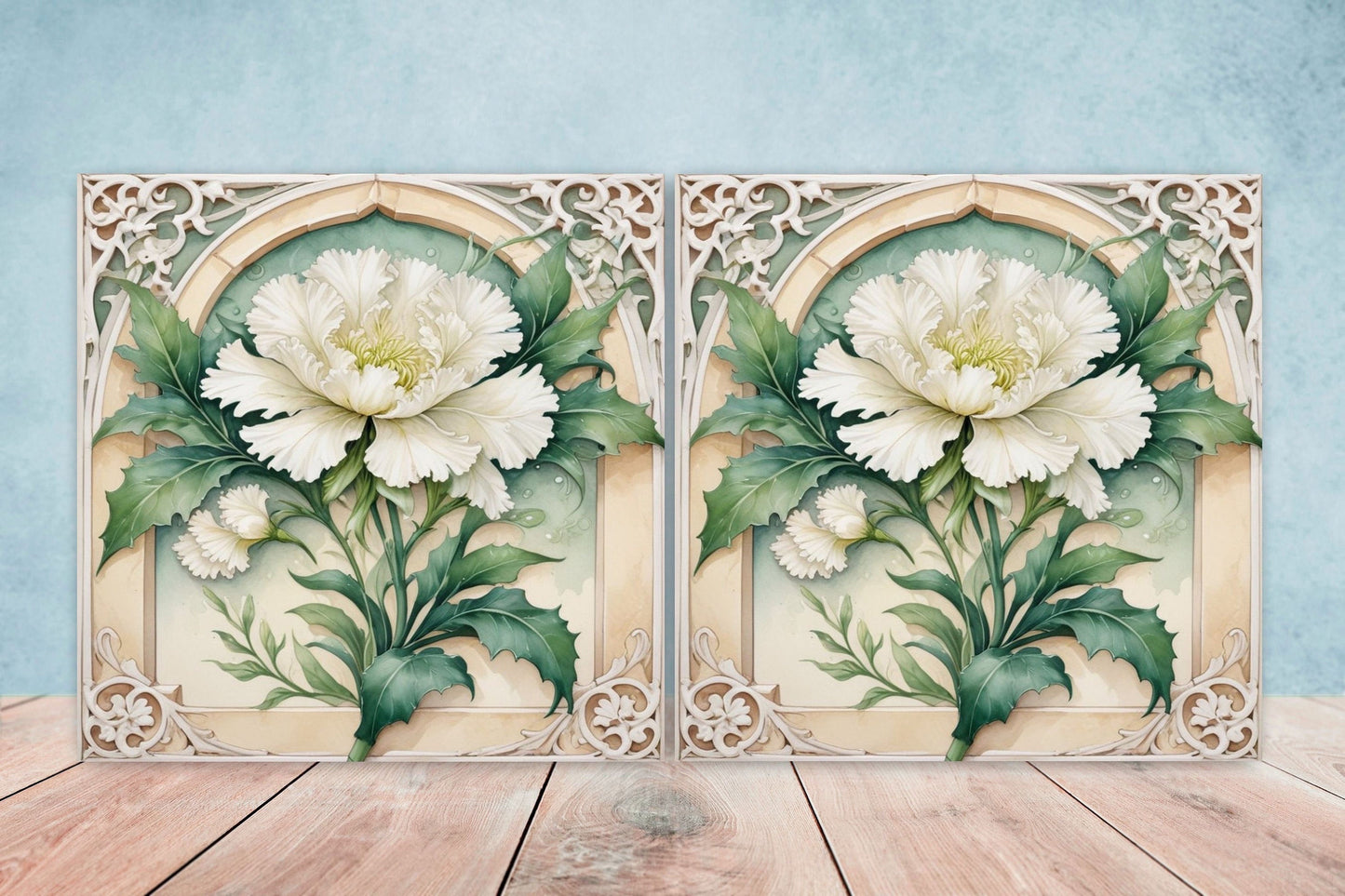Art Nouveau Flower Ceramic Tiles - Set of 2 Art Nouveau Wall Decor Tiles - Kitchen Backsplash Tiles, Table Decorative Tiles, Bathroom Tiles