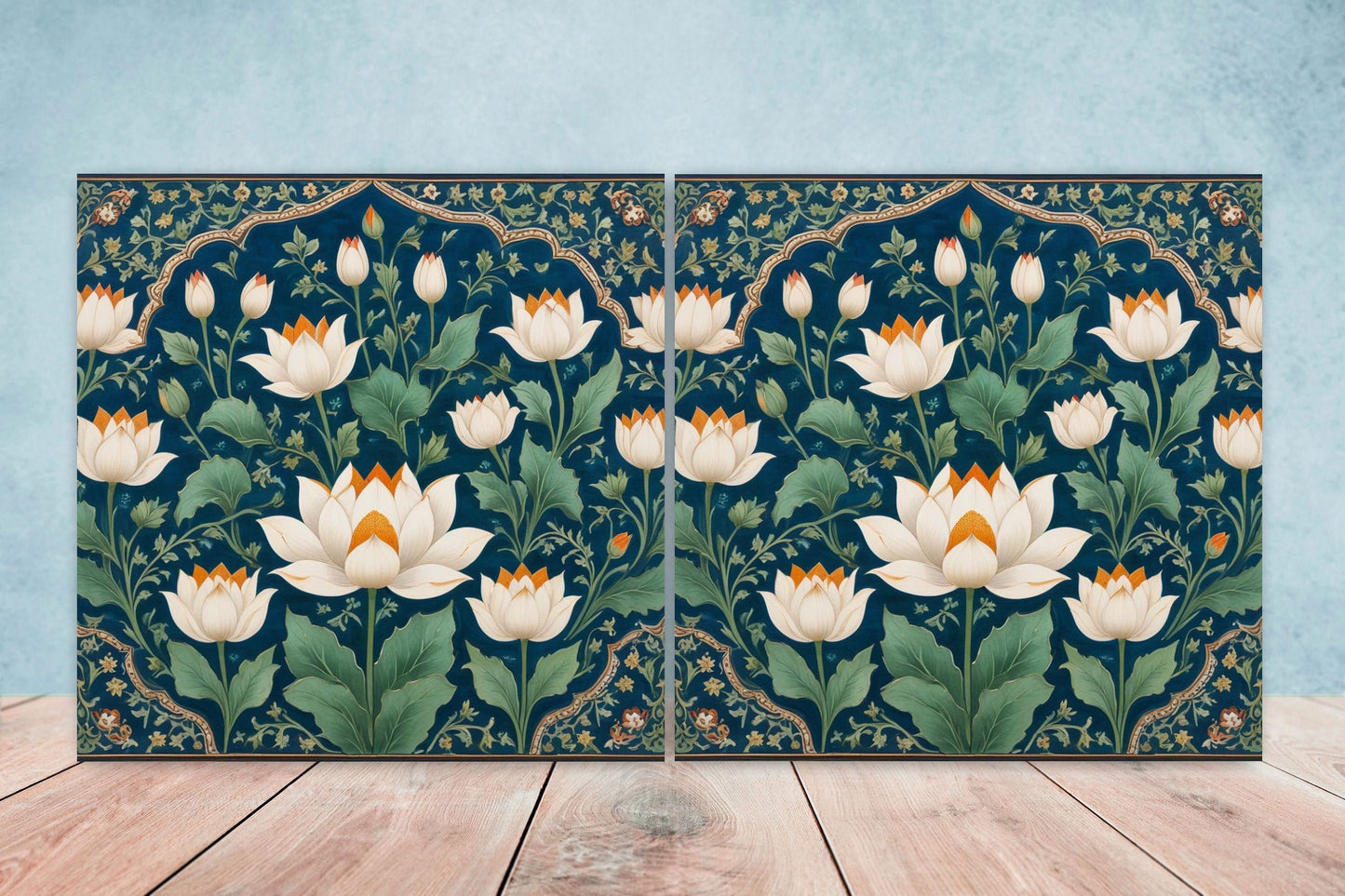 Flower Ceramic Gloss Wall Tiles Set of 2 - Lotus Wall Art Print - Indian Mughal art - Floral Home Decor - Lotus print - Mughal Wall Art