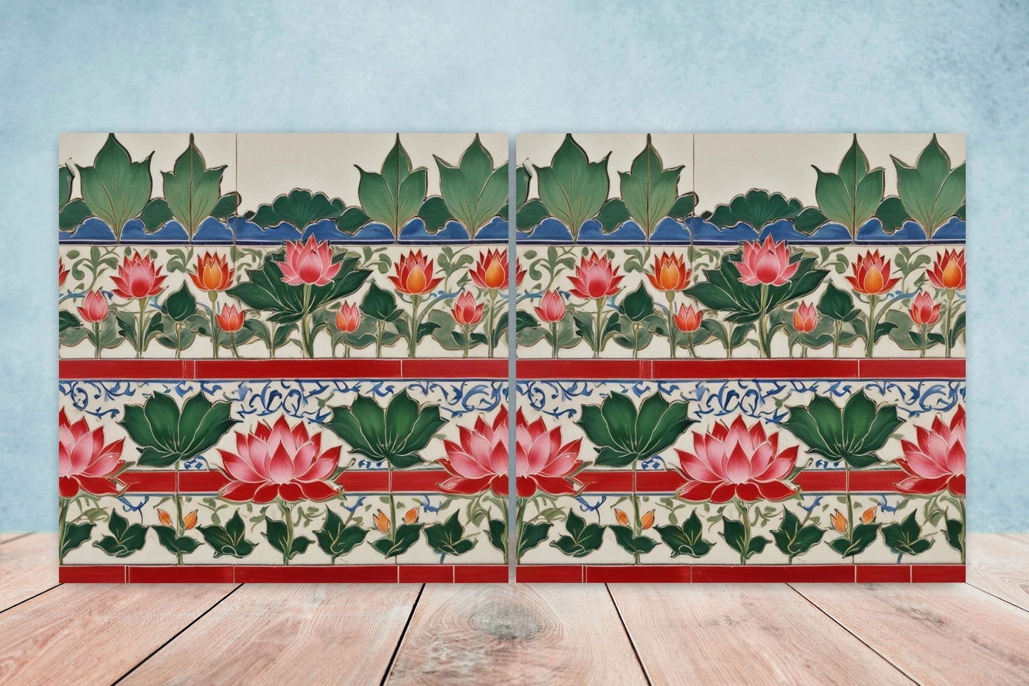 Flower Ceramic Gloss Wall Tiles Set of 2 - Lotus Wall Art Print - Indian Mughal art - Floral Home Decor - Lotus print - Mughal Wall Art