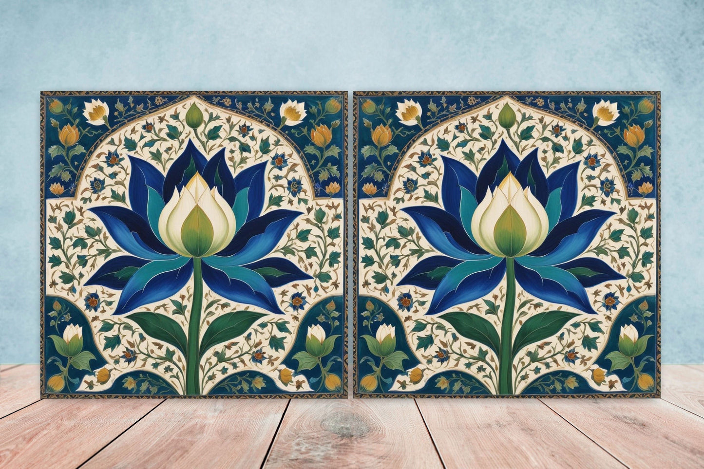 Flower Ceramic Gloss Wall Tiles Set of 2 - Lotus Wall Art Print - Indian Mughal art - Floral Home Decor - Lotus print - Mughal Wall Art