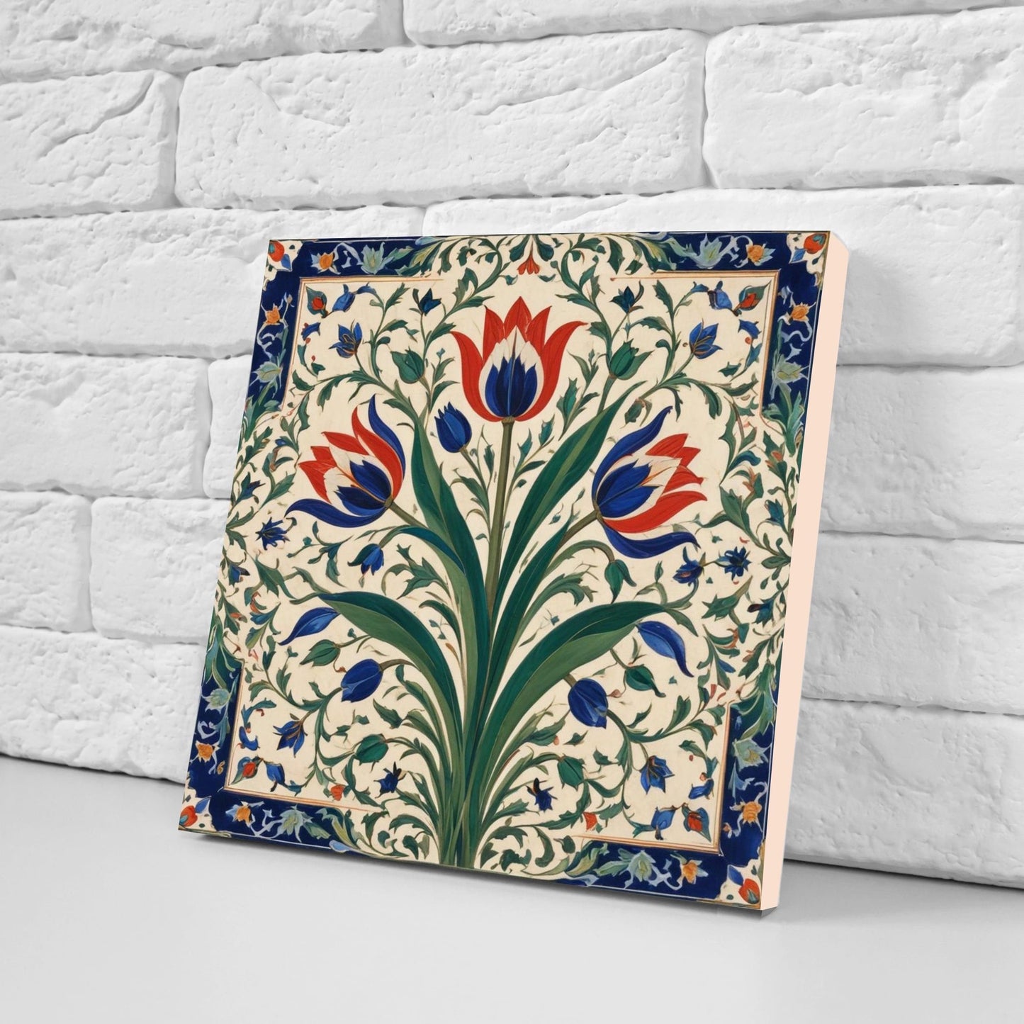 Flower Ceramic Gloss Wall Tiles Set of 2 - Tulip Wall Art Print - Indian Mughal art - Floral Home Decor - Tulips print - Mughal Wall Art