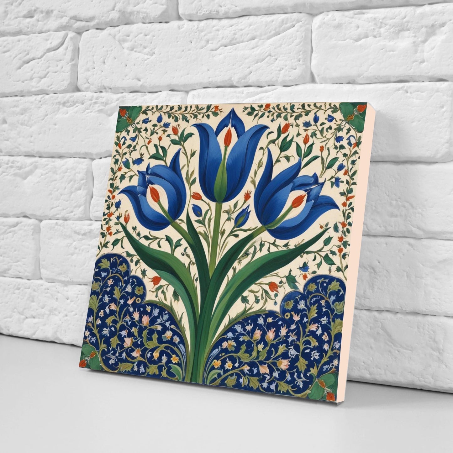 Flower Ceramic Gloss Wall Tiles Set of 2 - Tulip Wall Art Print - Indian Mughal art - Floral Home Decor - Tulips print - Mughal Wall Art