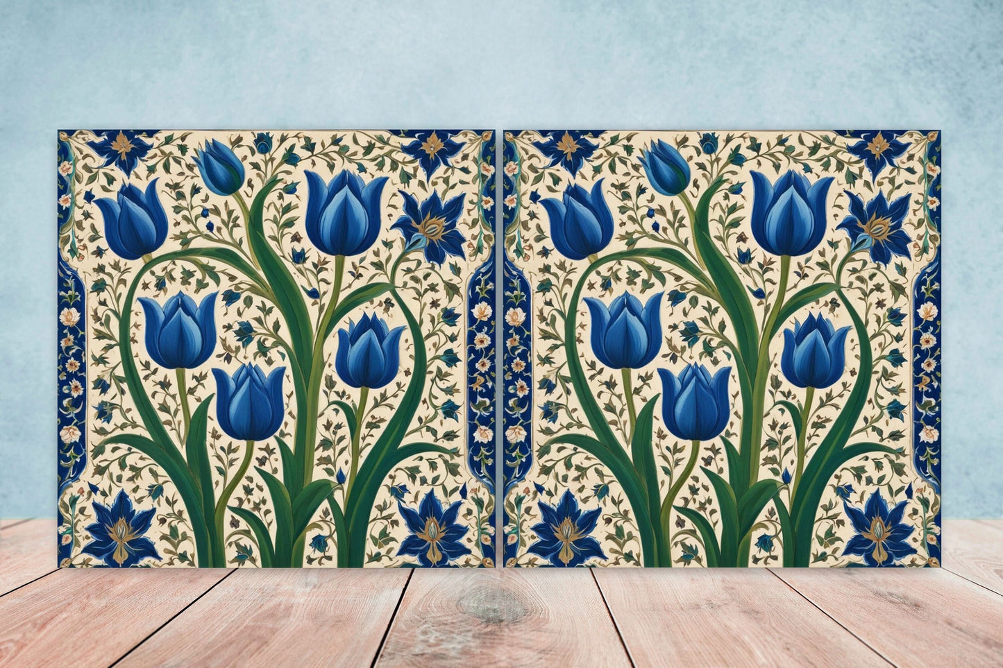 Flower Ceramic Gloss Wall Tiles Set of 2 - Tulip Wall Art Print - Indian Mughal art - Floral Home Decor - Tulips print - Mughal Wall Art