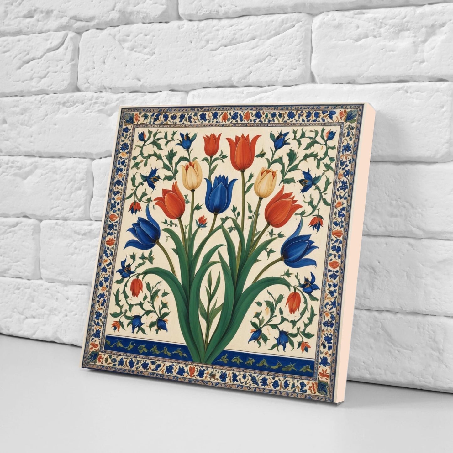 Flower Ceramic Gloss Wall Tiles Set of 2 - Tulip Wall Art Print - Indian Mughal art - Floral Home Decor - Tulips print - Mughal Wall Art