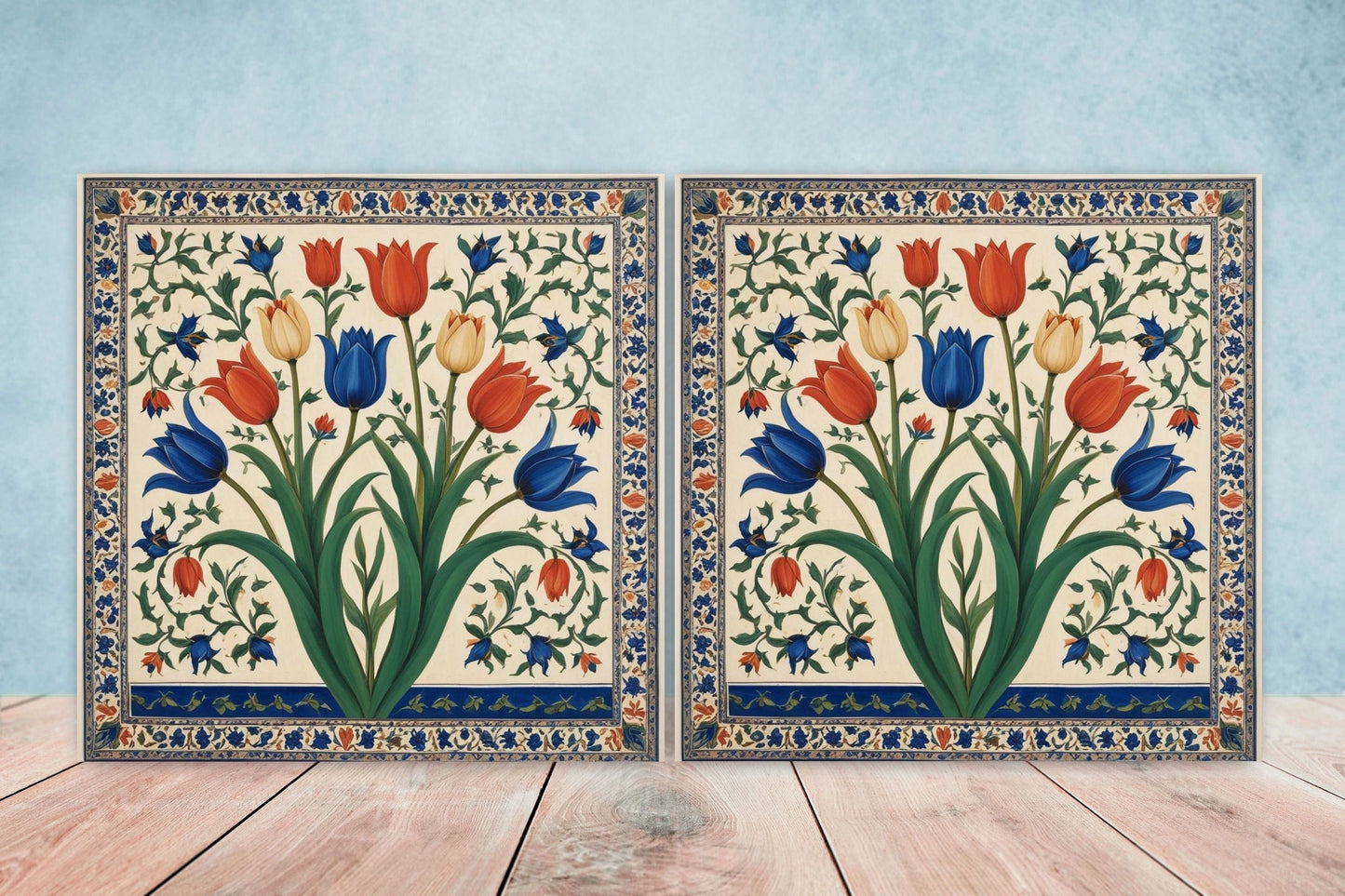 Flower Ceramic Gloss Wall Tiles Set of 2 - Tulip Wall Art Print - Indian Mughal art - Floral Home Decor - Tulips print - Mughal Wall Art