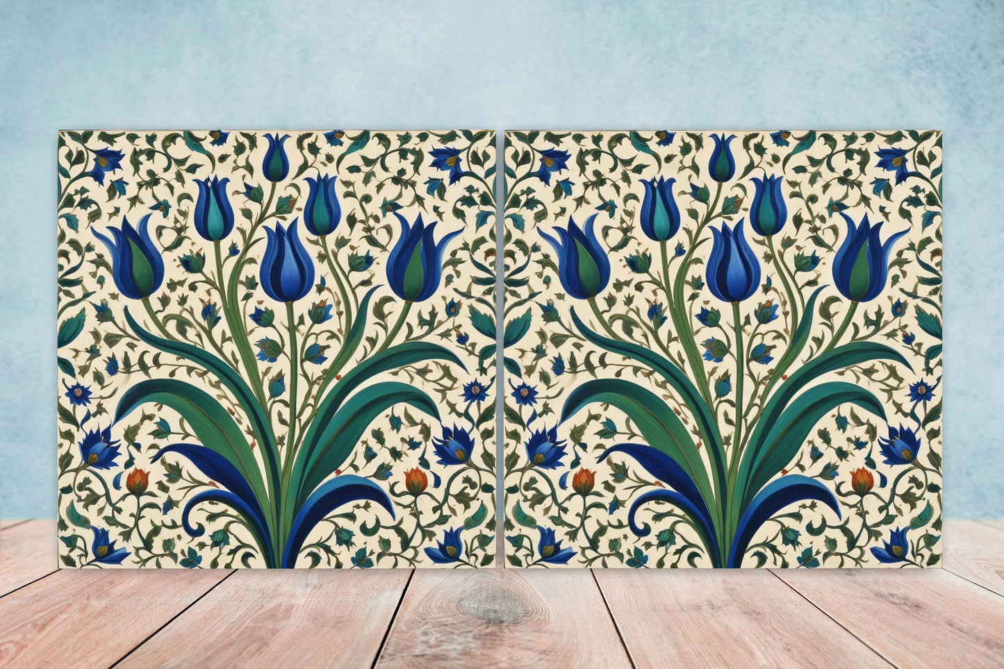 Flower Ceramic Gloss Wall Tiles Set of 2 - Tulip Wall Art Print - Indian Mughal art - Floral Home Decor - Tulips print - Mughal Wall Art