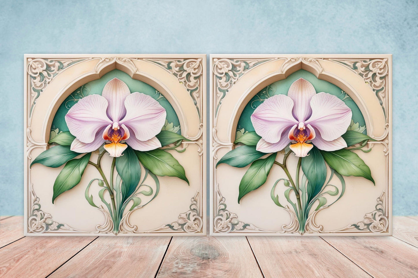 Art Nouveau Flower Ceramic Tiles - Set of 2 Art Nouveau Wall Decor Tiles - Kitchen Backsplash Tiles, Table Decorative Tiles, Bathroom Tiles