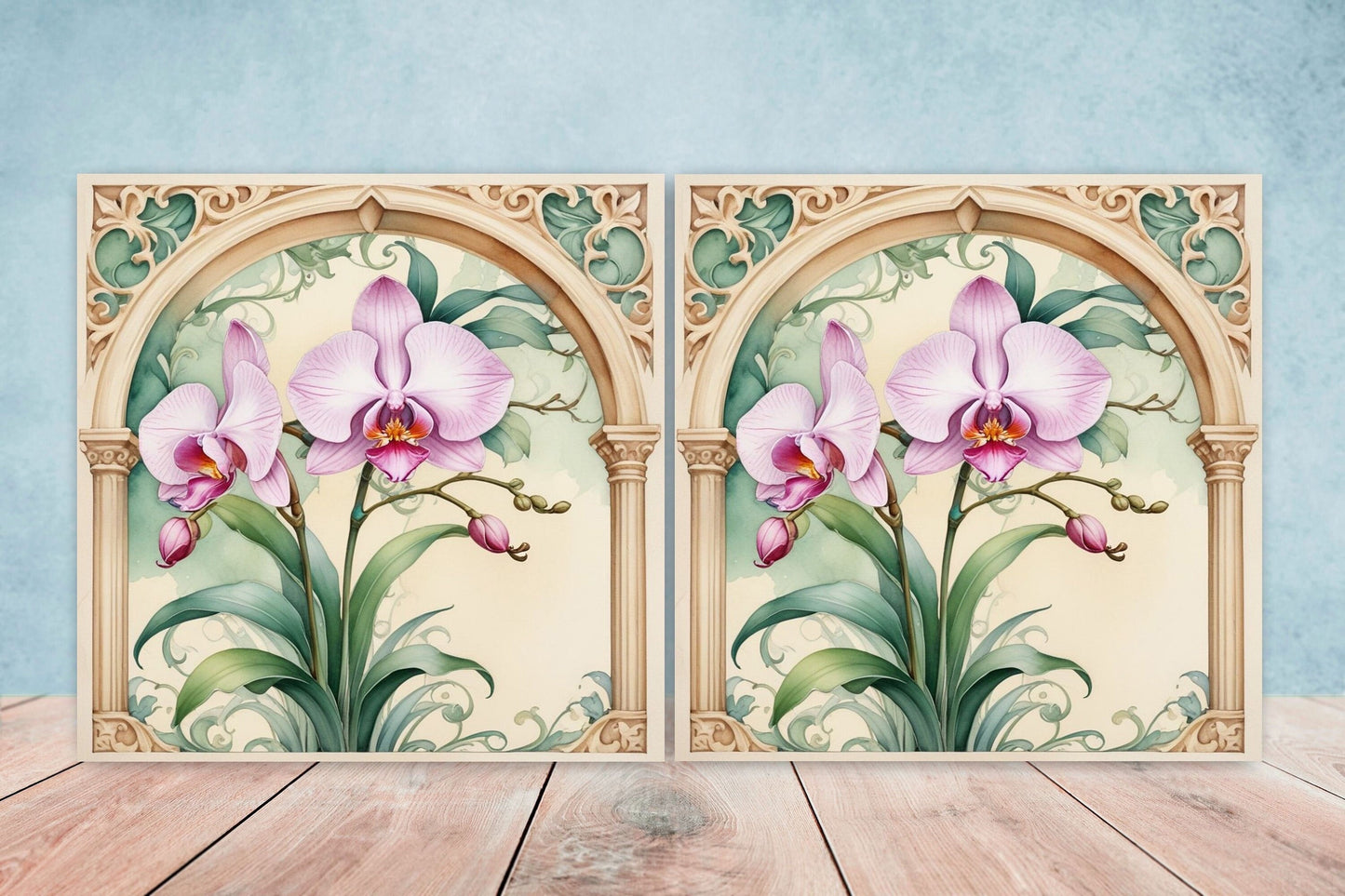 Art Nouveau Flower Ceramic Tiles - Set of 2 Art Nouveau Wall Decor Tiles - Kitchen Backsplash Tiles, Table Decorative Tiles, Bathroom Tiles