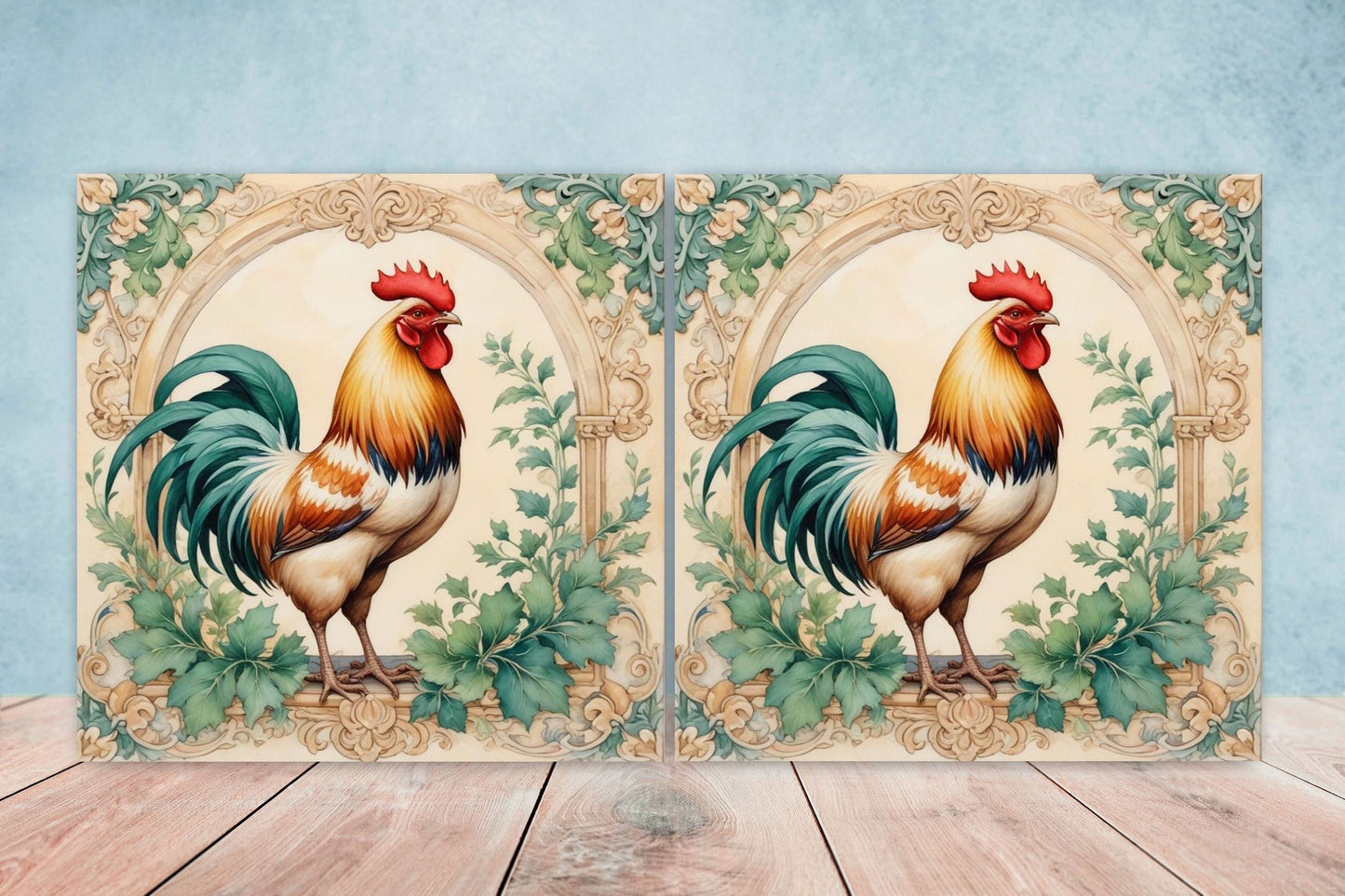 Art Nouveau Bird Ceramic tiles - Set of 2 Art Nouveau Rooster Wall Decor Tiles, Chicken Tiles, Kitchen Backsplash Tiles, Bathroom Tiles