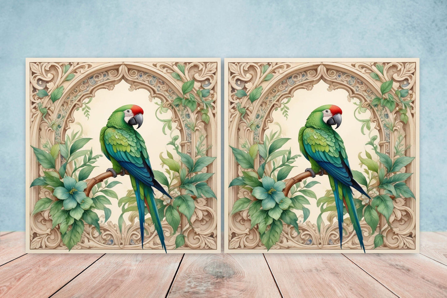 Art Nouveau Bird Ceramic tiles - Set of 2 Art Nouveau Parrot Wall Decor Tiles, Tropical Bird Tiles, Kitchen Backsplash Tiles, Bathroom Tiles