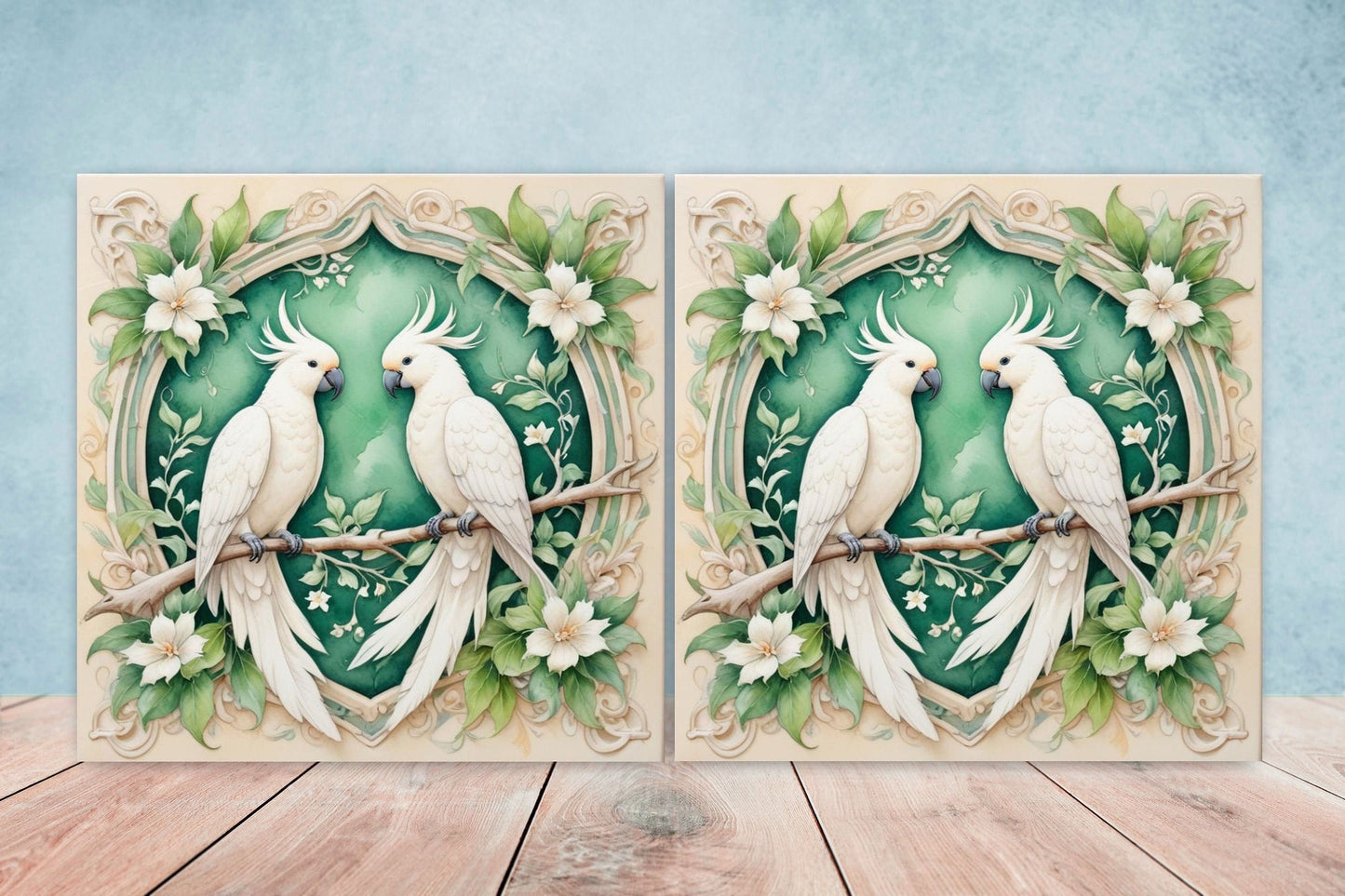 Art Nouveau Bird Ceramic tiles - Set of 2 Cockatoo Parrot Wall Decor Tiles, Tropical Bird Tiles, Kitchen Backsplash Tiles, Bathroom Tiles