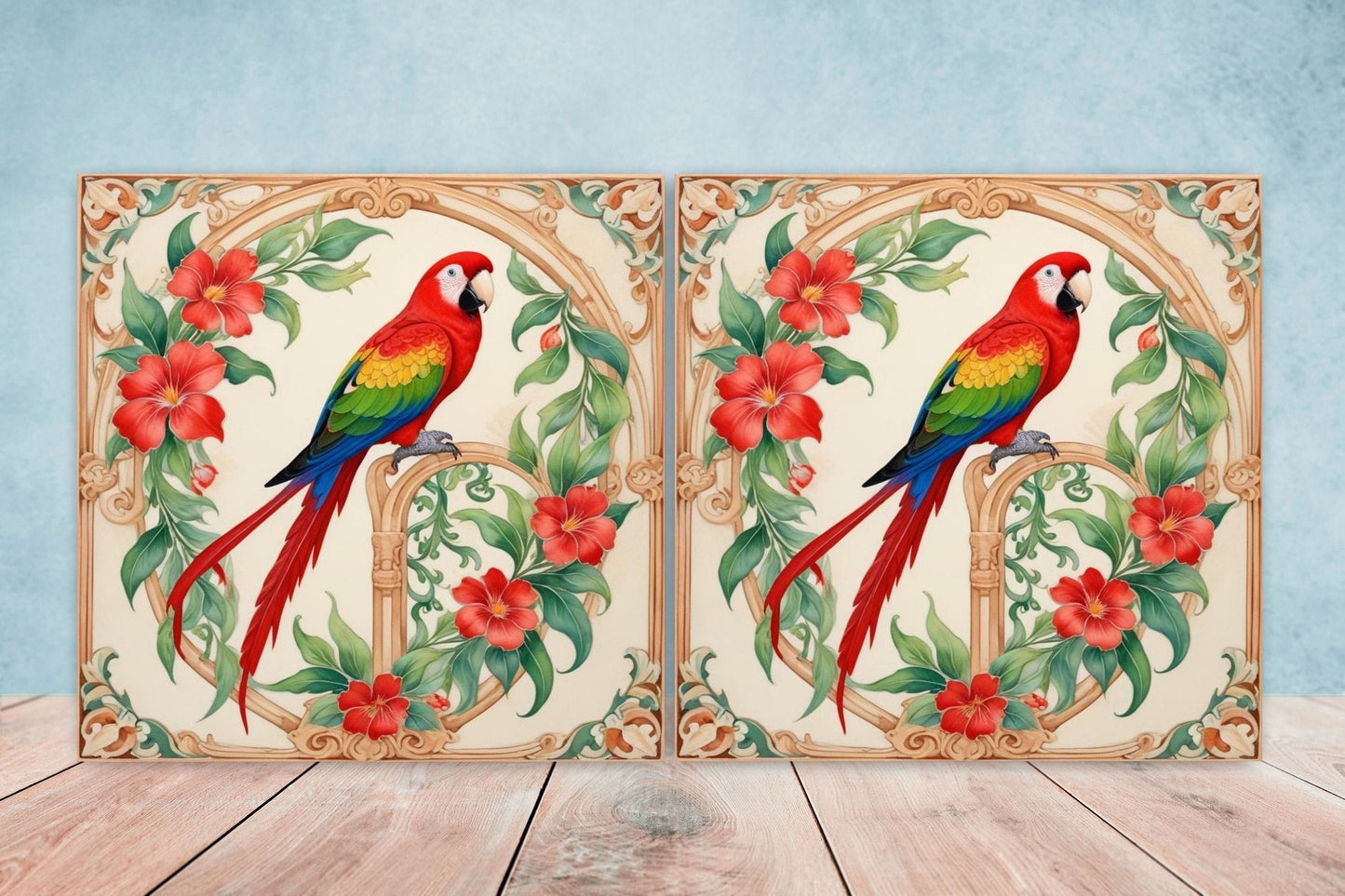 Art Nouveau Bird Ceramic tiles - Set of 2 Art Nouveau Parrot Wall Decor Tiles, Tropical Bird Tiles, Kitchen Backsplash Tiles, Bathroom Tiles