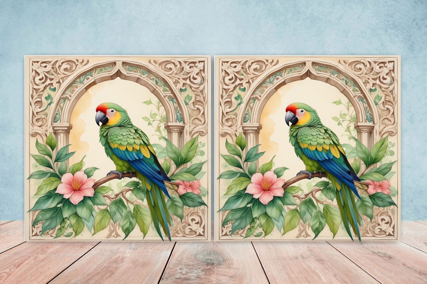 Art Nouveau Bird Ceramic tiles - Set of 2 Art Nouveau Parrot Wall Decor Tiles, Tropical Bird Tiles, Kitchen Backsplash Tiles, Bathroom Tiles