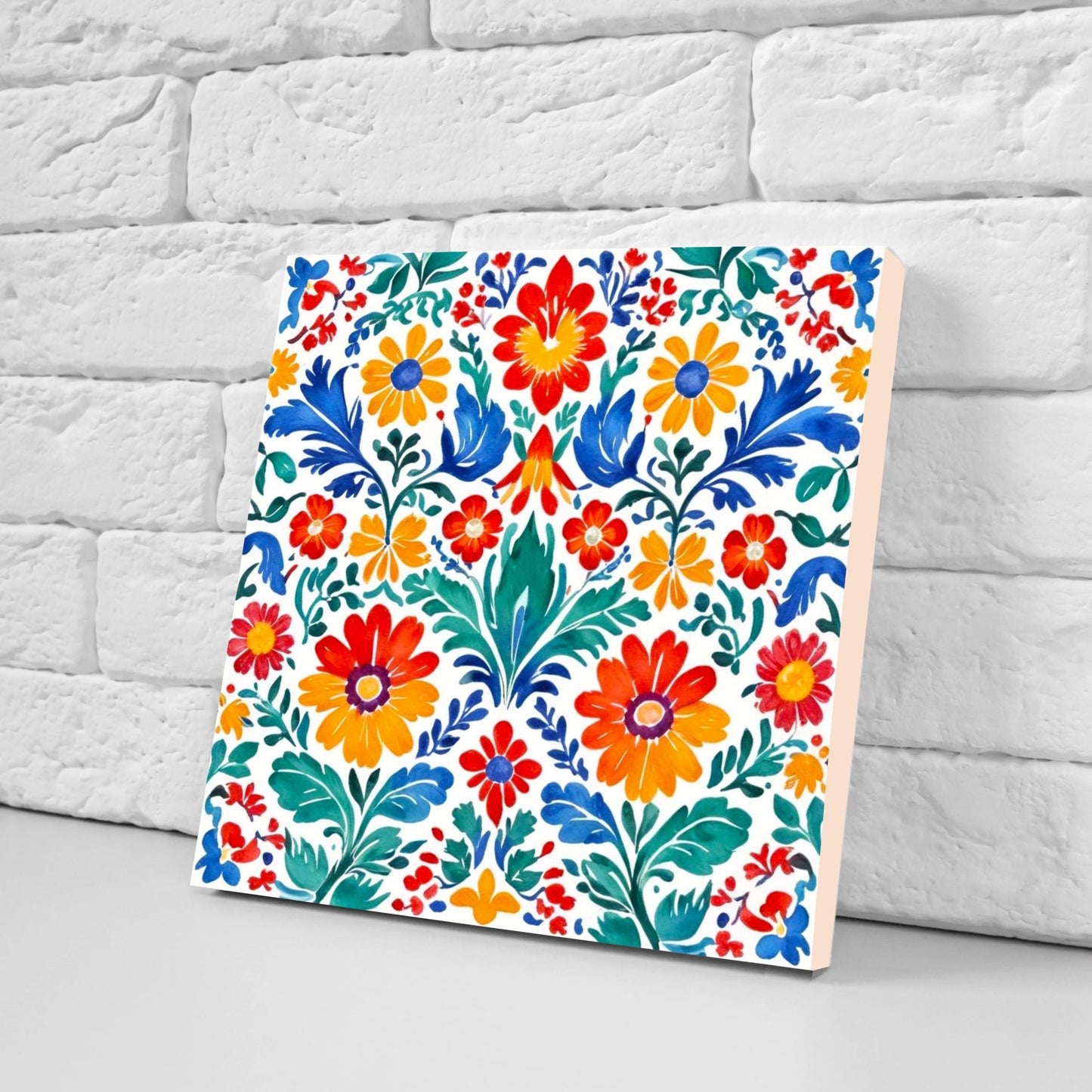 Mexican Ceramic tiles - Set of 2 Mexican Folk design Wall Decor Tiles, Flower Tiles, Kitchen Backsplash Tiles, Bathroom Tiles