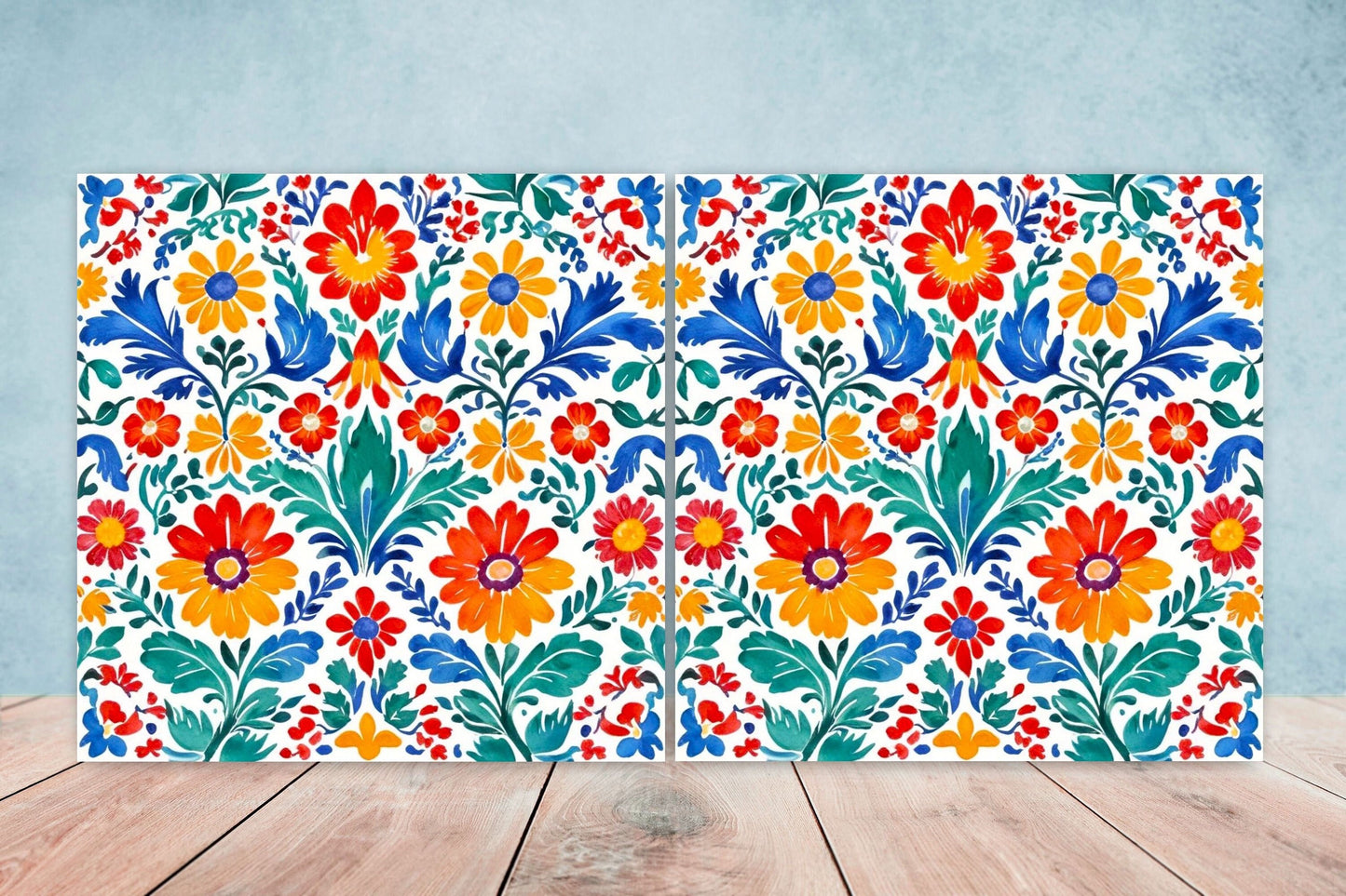 Mexican Ceramic tiles - Set of 2 Mexican Folk design Wall Decor Tiles, Flower Tiles, Kitchen Backsplash Tiles, Bathroom Tiles