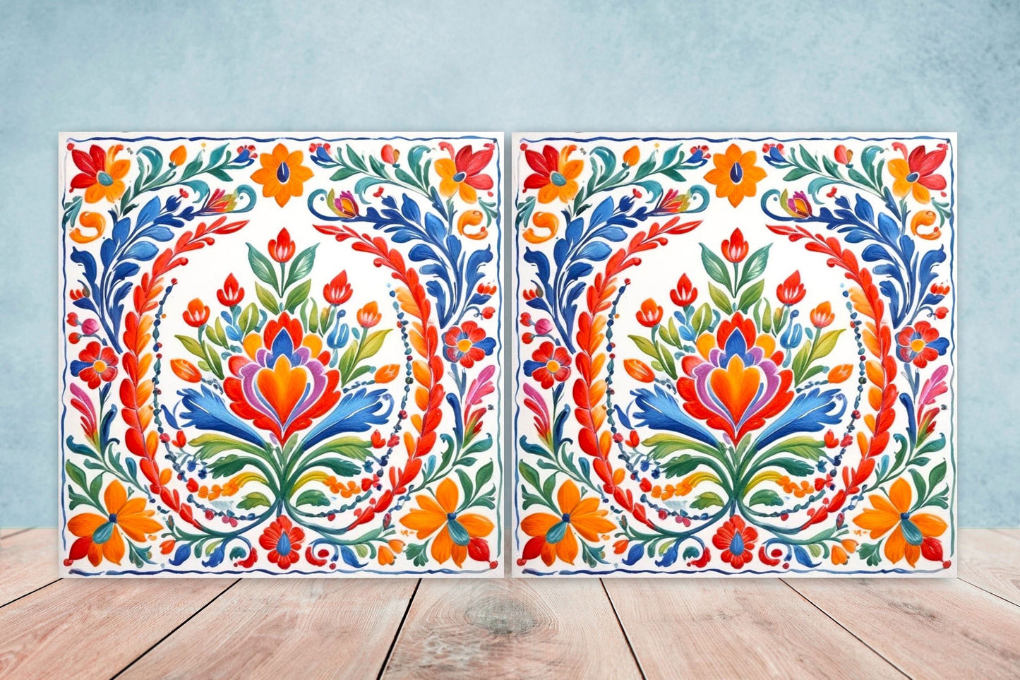Mexican Ceramic tiles - Set of 2 Mexican Folk design Wall Decor Tiles, Flower Tiles, Kitchen Backsplash Tiles, Bathroom Tiles