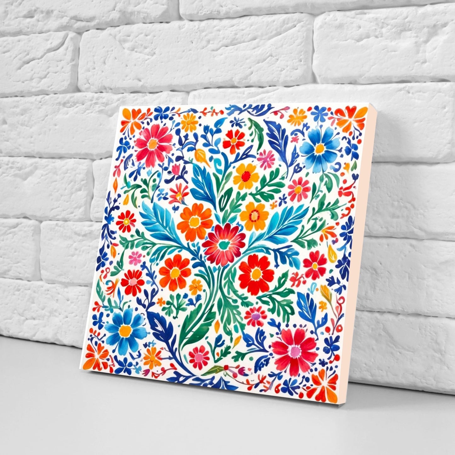 Mexican Ceramic tiles - Set of 2 Mexican Folk design Wall Decor Tiles, Flower Tiles, Kitchen Backsplash Tiles, Bathroom Tiles