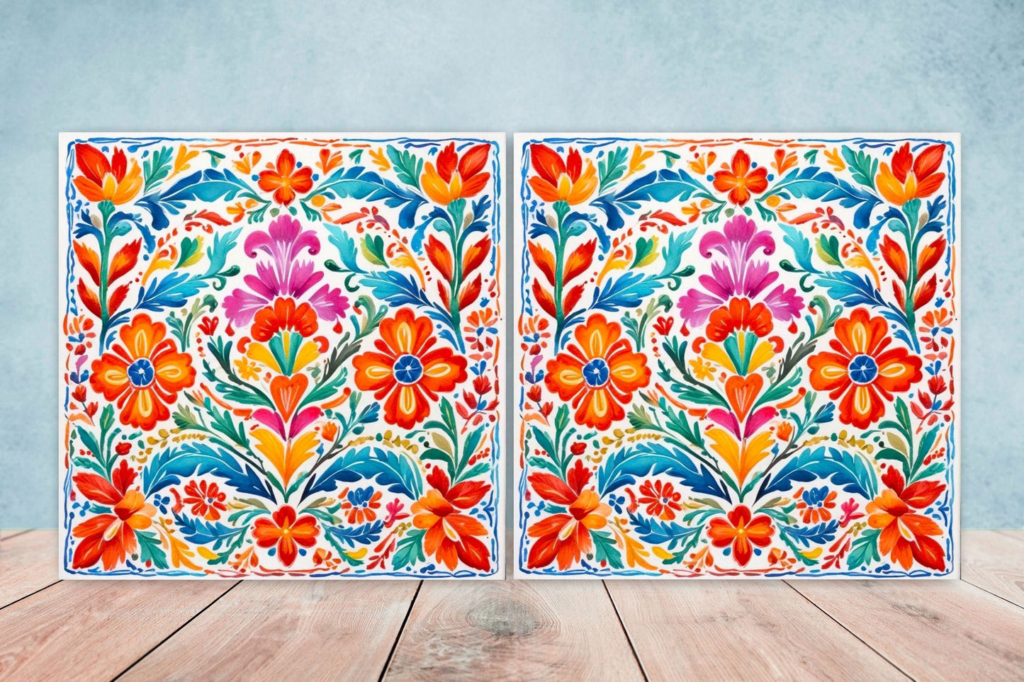 Mexican Ceramic tiles - Set of 2 Mexican Folk design Wall Decor Tiles, Flower Tiles, Kitchen Backsplash Tiles, Bathroom Tiles