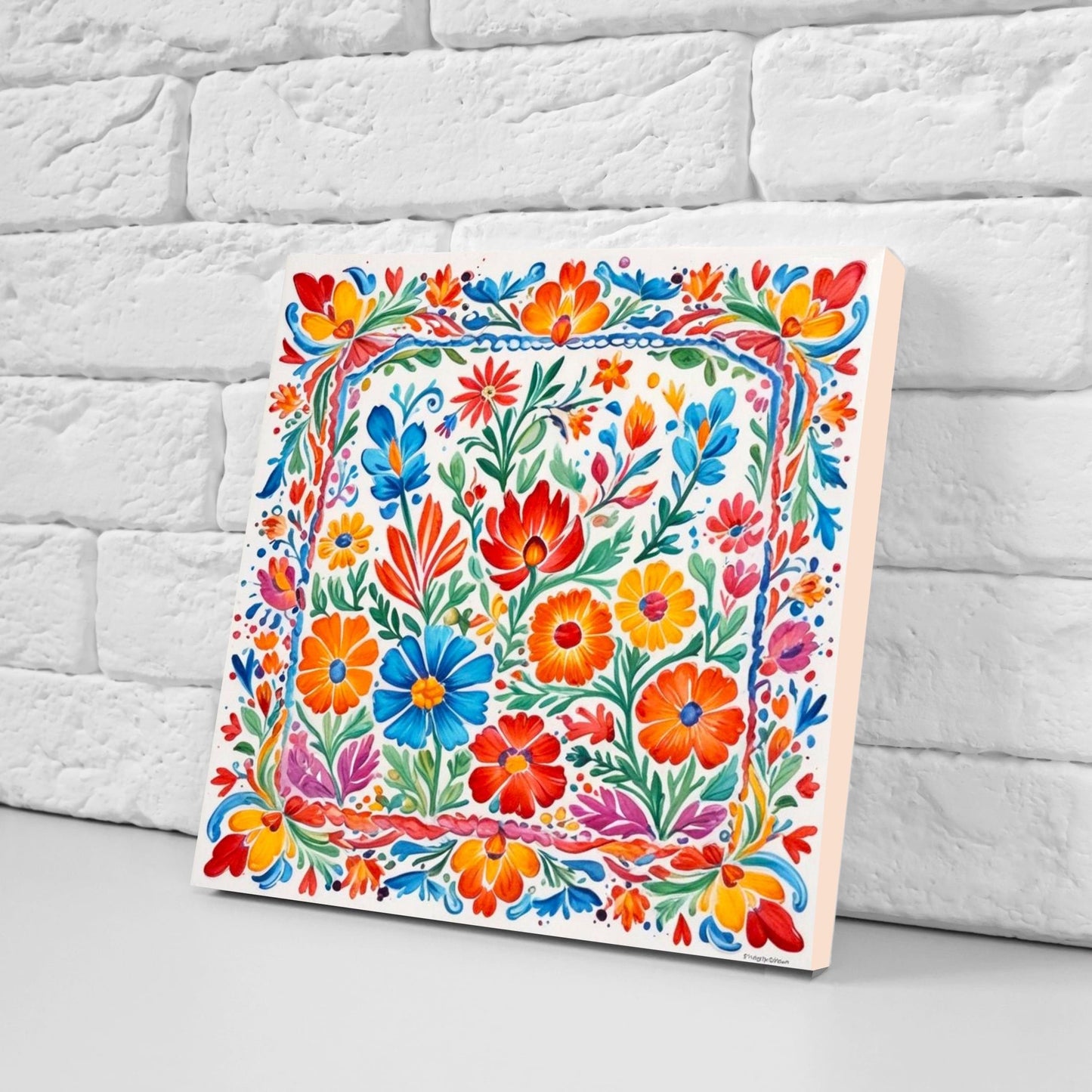 Mexican Ceramic tiles - Set of 2 Mexican Folk design Wall Decor Tiles, Flower Tiles, Kitchen Backsplash Tiles, Bathroom Tiles