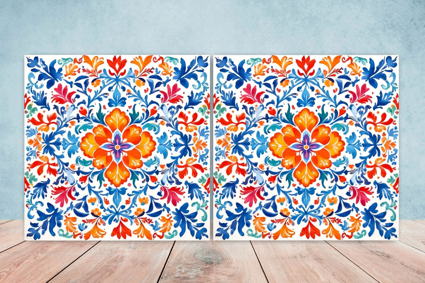 Mexican Ceramic tiles - Set of 2 Mexican Folk design Wall Decor Tiles, Flower Tiles, Kitchen Backsplash Tiles, Bathroom Tiles