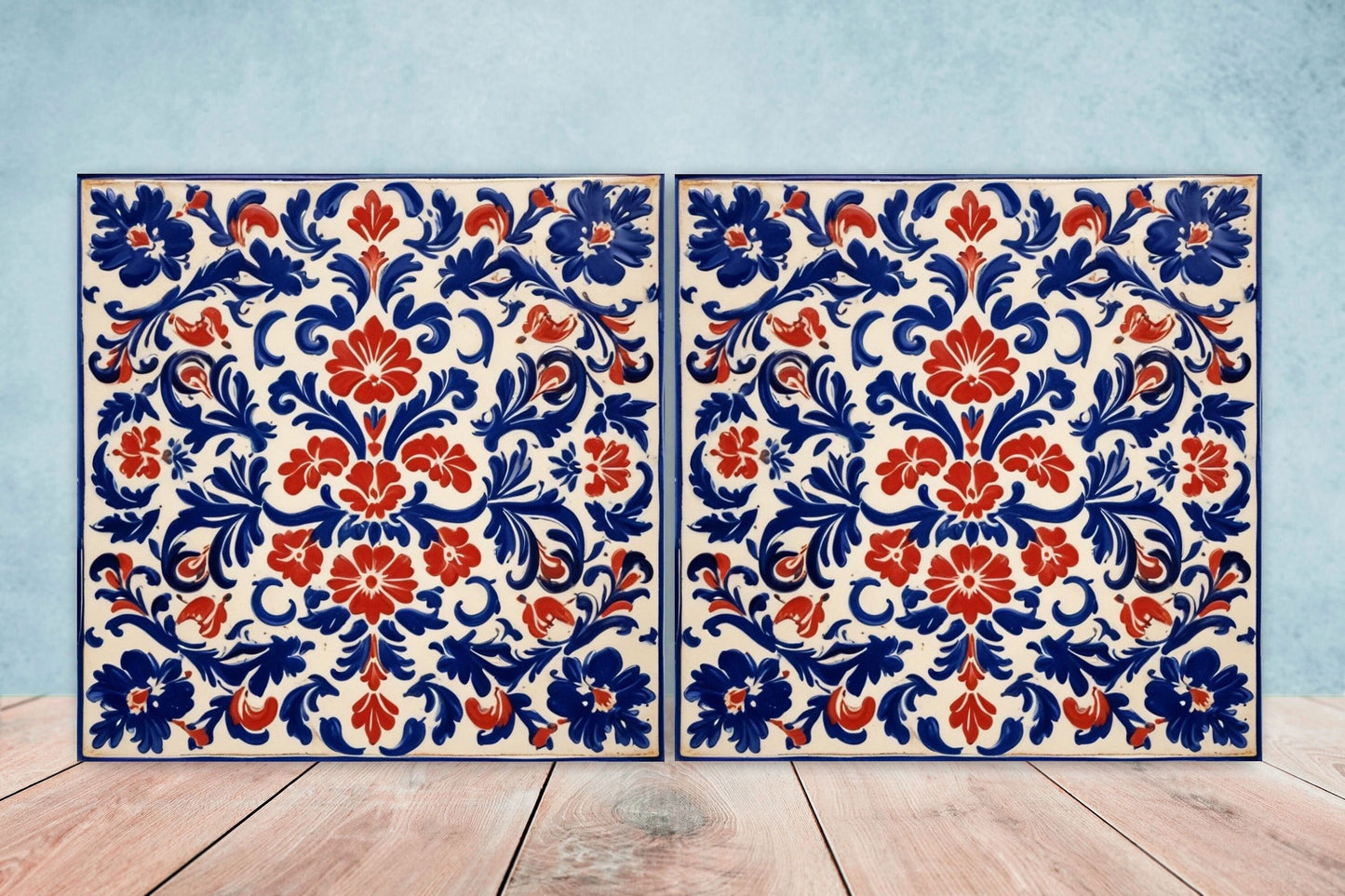Mexican Ceramic tiles - Set of 2 Mexican Folk design Wall Decor Tiles, Flower Tiles, Kitchen Backsplash Tiles, Bathroom Tiles