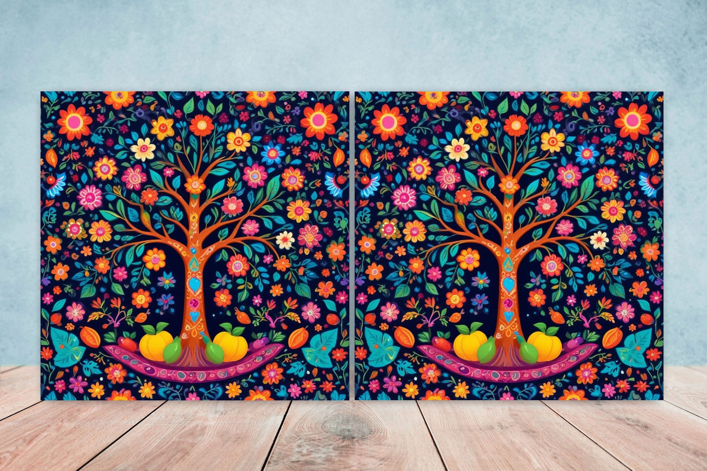 Mexican Ceramic tiles - Set of 2 Tree of Life Mexican Folk design Wall Decor Tiles, Flower Tiles, Kitchen Backsplash Tiles, Bathroom Tiles