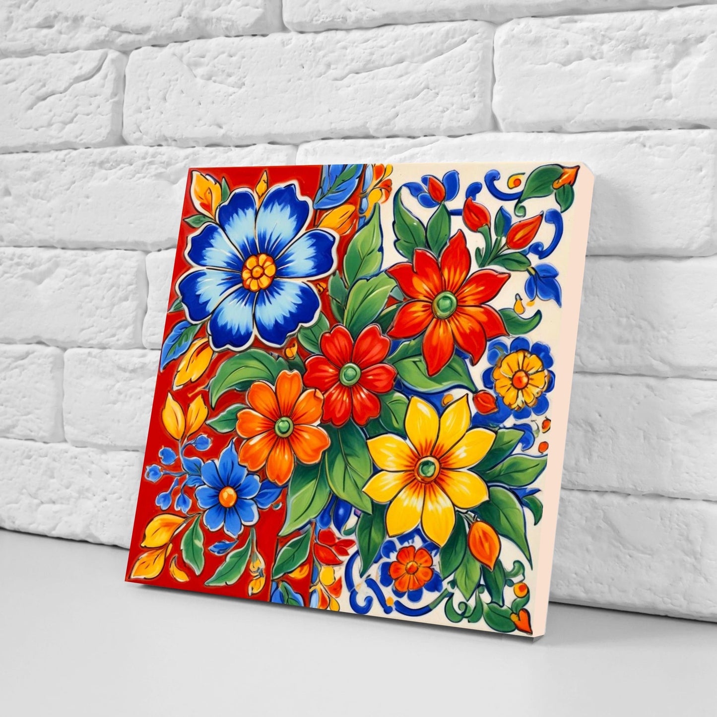 Mexican Ceramic tiles - Set of 2 Floral Mexican Folk design Wall Decor Tiles, Flower Tiles, Kitchen Backsplash Tiles, Bathroom Tiles