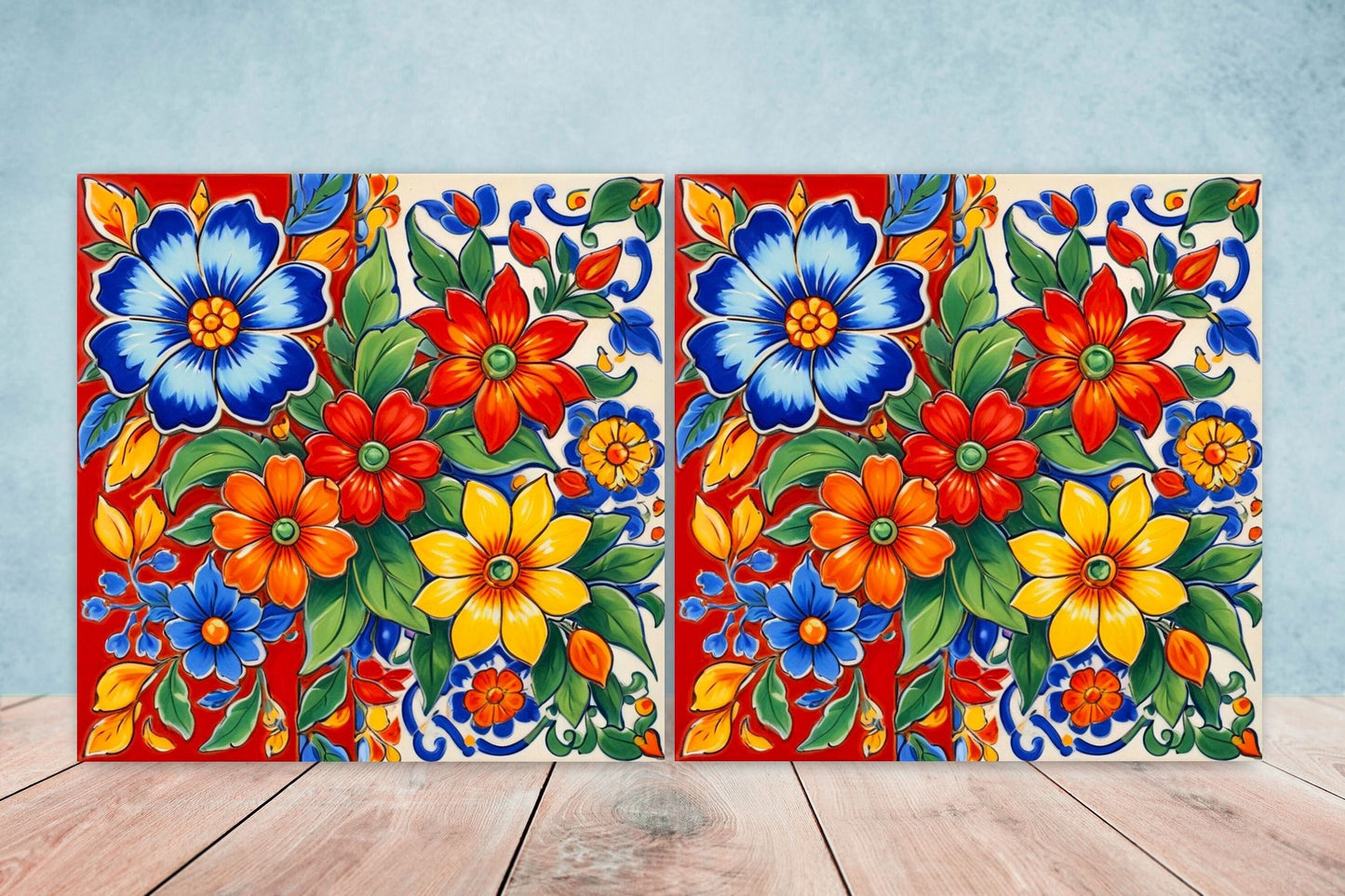 Mexican Ceramic tiles - Set of 2 Floral Mexican Folk design Wall Decor Tiles, Flower Tiles, Kitchen Backsplash Tiles, Bathroom Tiles