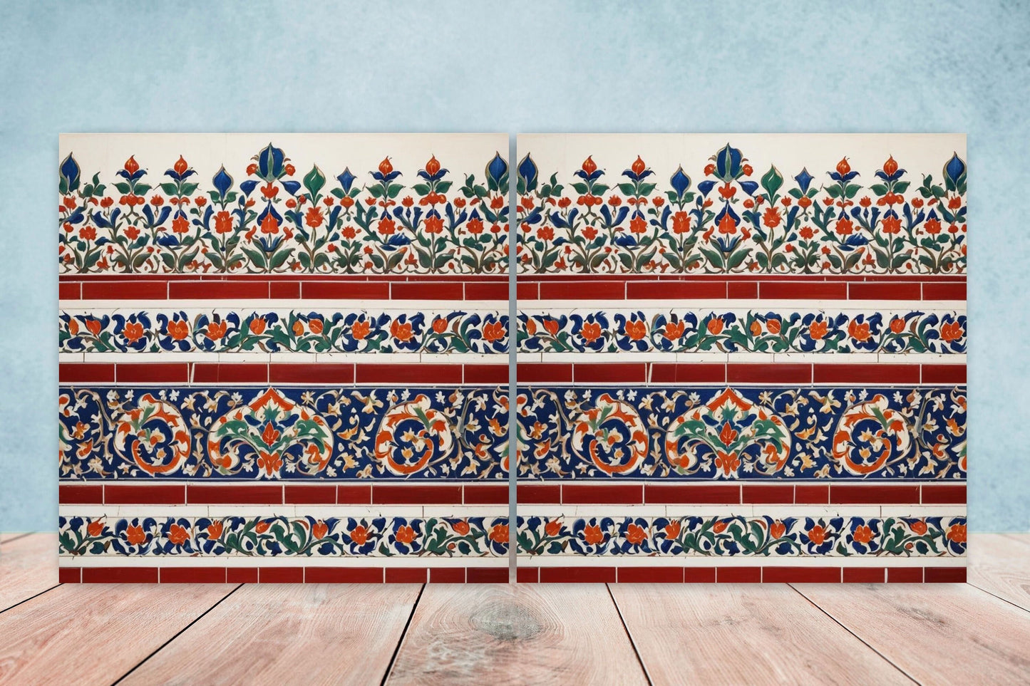 Flower Ceramic Gloss Wall Tiles Set of 2 - Botanical Wall Art Print - Indian Mughal art - Floral Home Decor - Botanical print - Mughal Wall