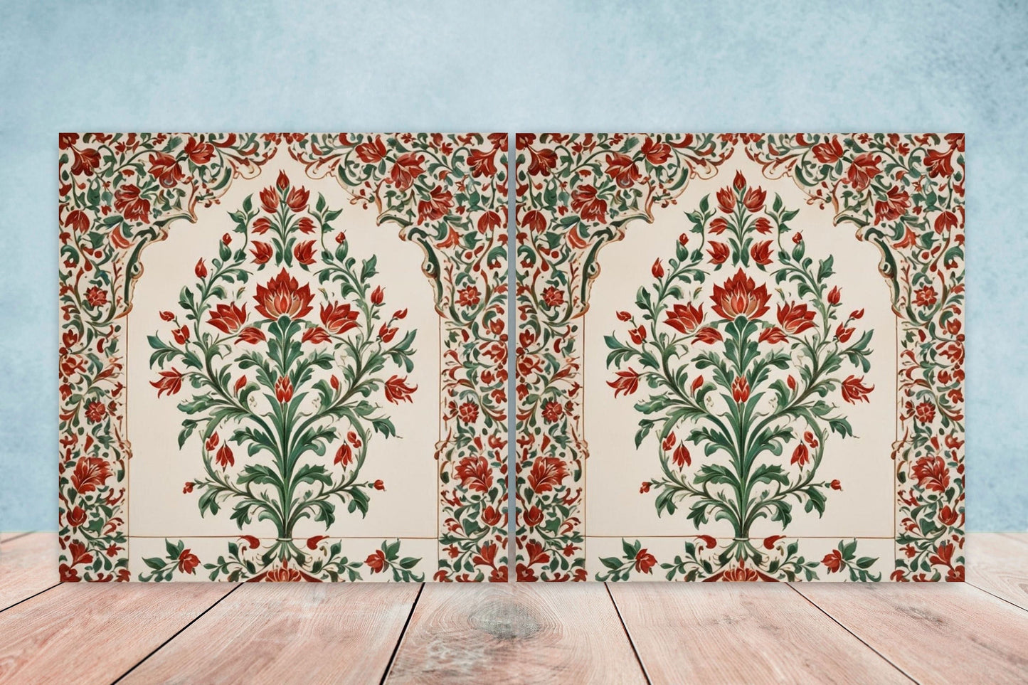 Flower Ceramic Gloss Wall Tiles Set of 2 - Botanical Wall Art Print - Indian Mughal art - Floral Home Decor - Botanical print - Mughal Wall