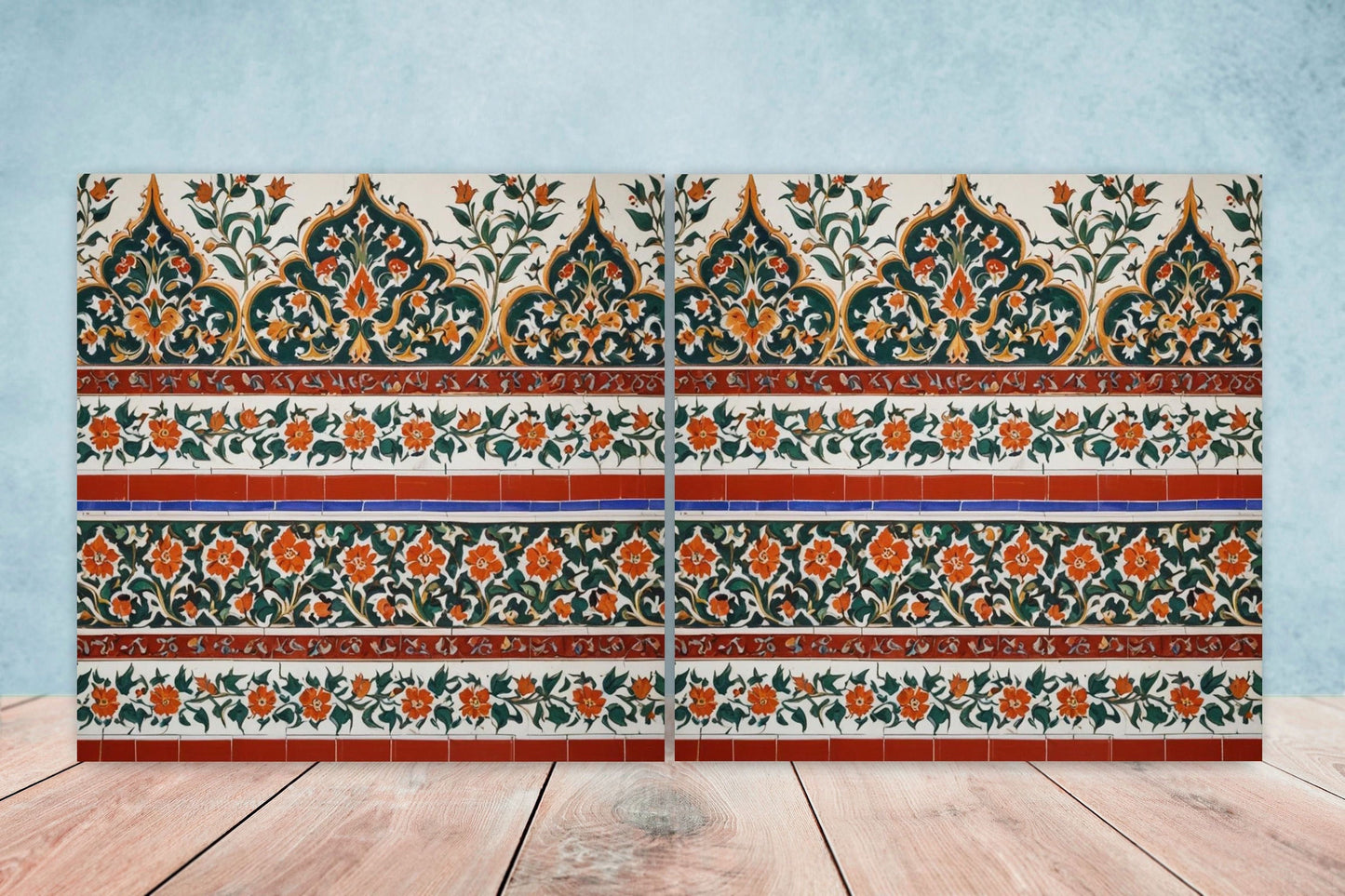 Flower Ceramic Gloss Wall Tiles Set of 2 - Botanical Wall Art Print - Indian Mughal art - Floral Home Decor - Botanical print - Mughal Wall