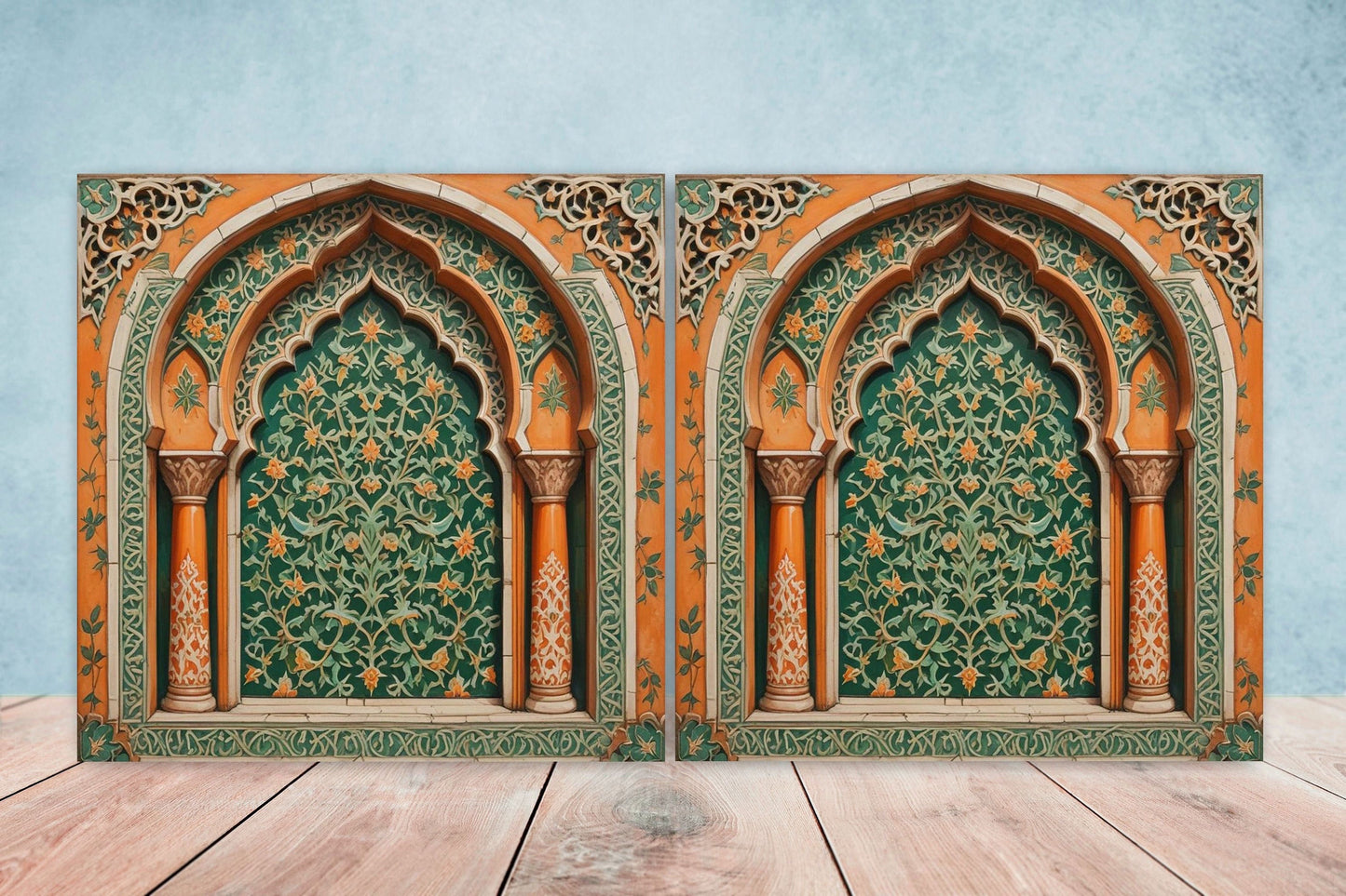 Flower Ceramic Gloss Wall Tiles Set of 2 - Botanical Wall Art Print - Indian Mughal art - Floral Home Decor - Botanical print - Mughal Wall