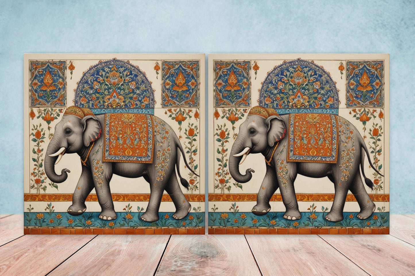 Indian Elephant Ceramic Gloss Wall Tiles Set of 2 - Elephant Wall Art Print - Elephant Mughal art - Elephant Home Decor - Elephant print