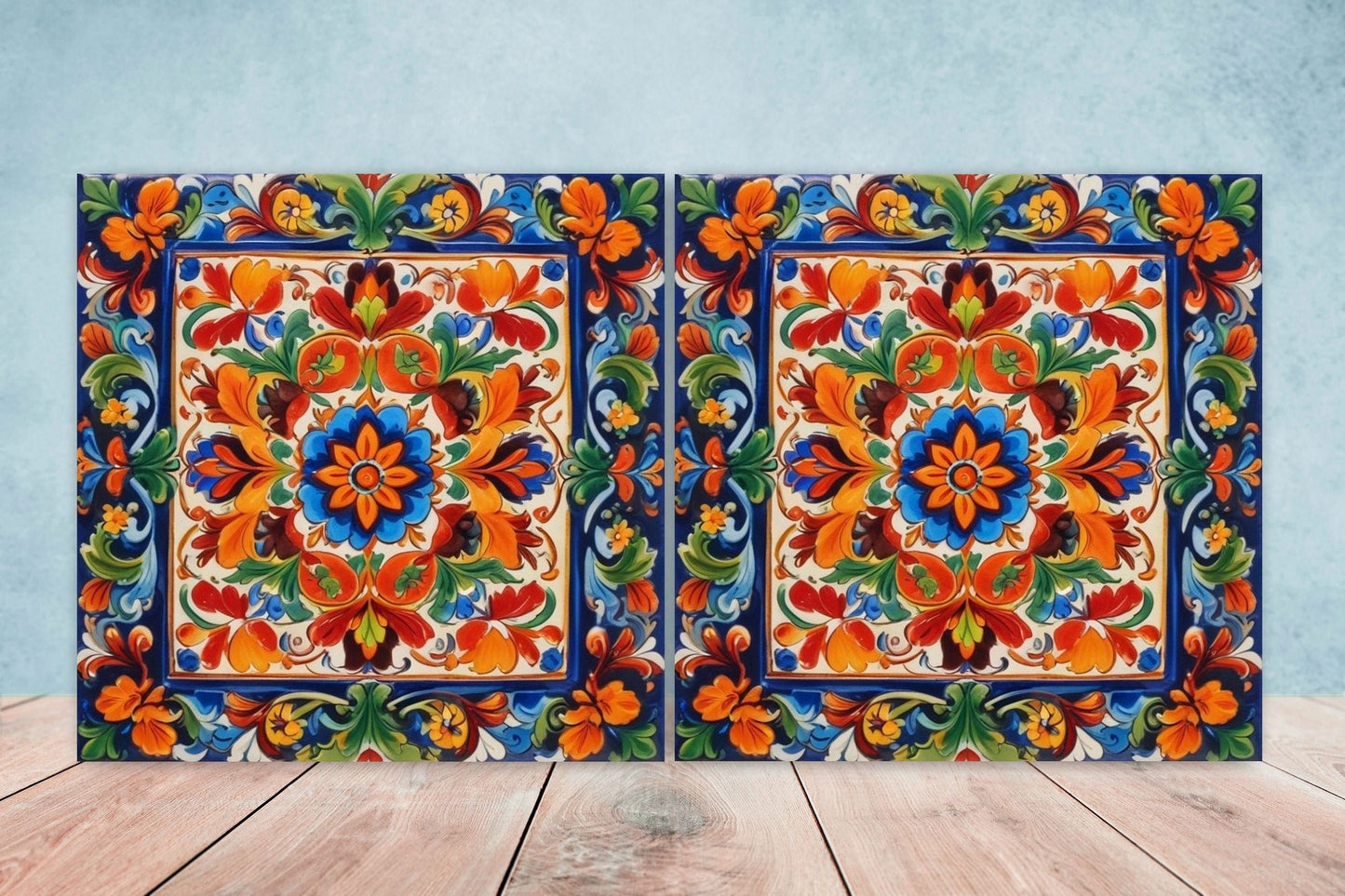 Mexican Ceramic tiles - Set of 2 Mexican Folk design Wall Decor Tiles, Flower Tiles, Kitchen Backsplash Tiles, Bathroom Tiles