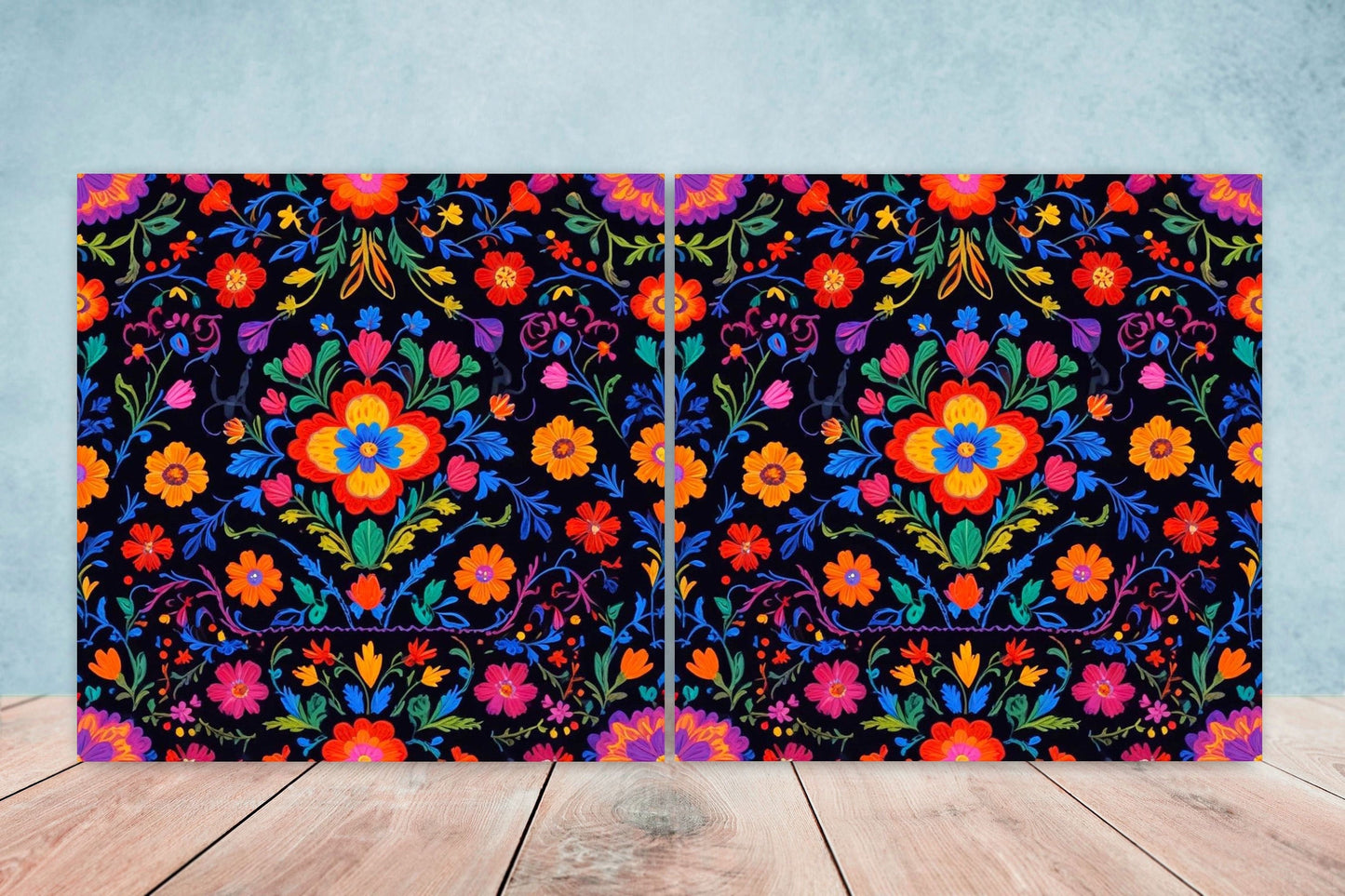 Mexican Ceramic tiles - Set of 2 Mexican Folk design Wall Decor Tiles, Flower Tiles, Kitchen Backsplash Tiles, Bathroom Tiles