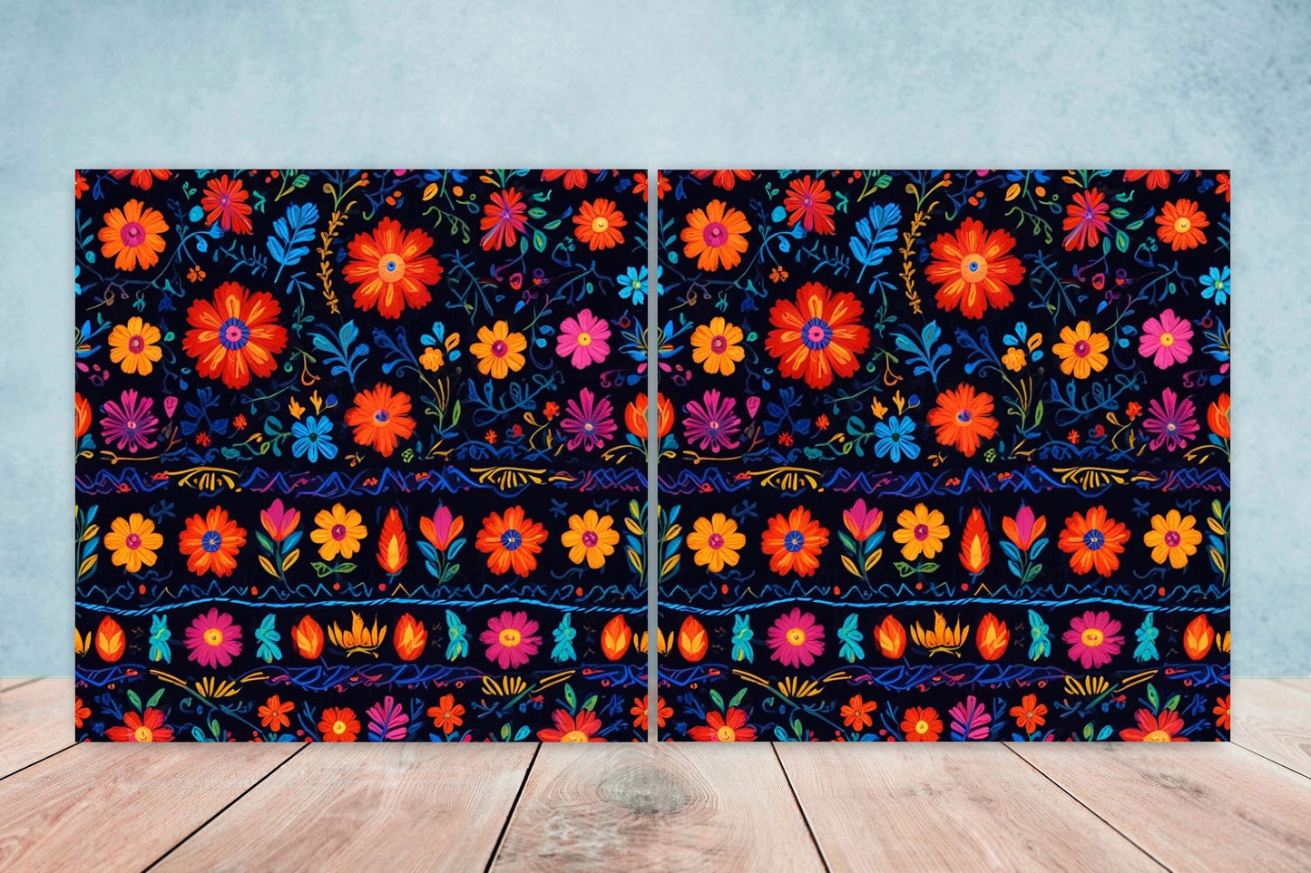 Mexican Ceramic tiles - Set of 2 Mexican Folk design Wall Decor Tiles, Flower Tiles, Kitchen Backsplash Tiles, Bathroom Tiles