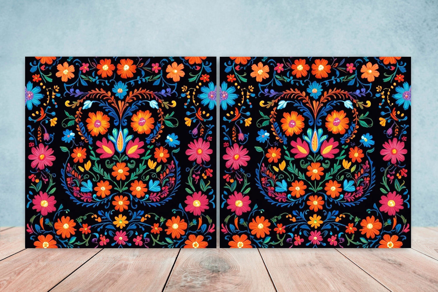 Mexican Ceramic tiles - Set of 2 Mexican Folk design Wall Decor Tiles, Flower Tiles, Kitchen Backsplash Tiles, Bathroom Tiles